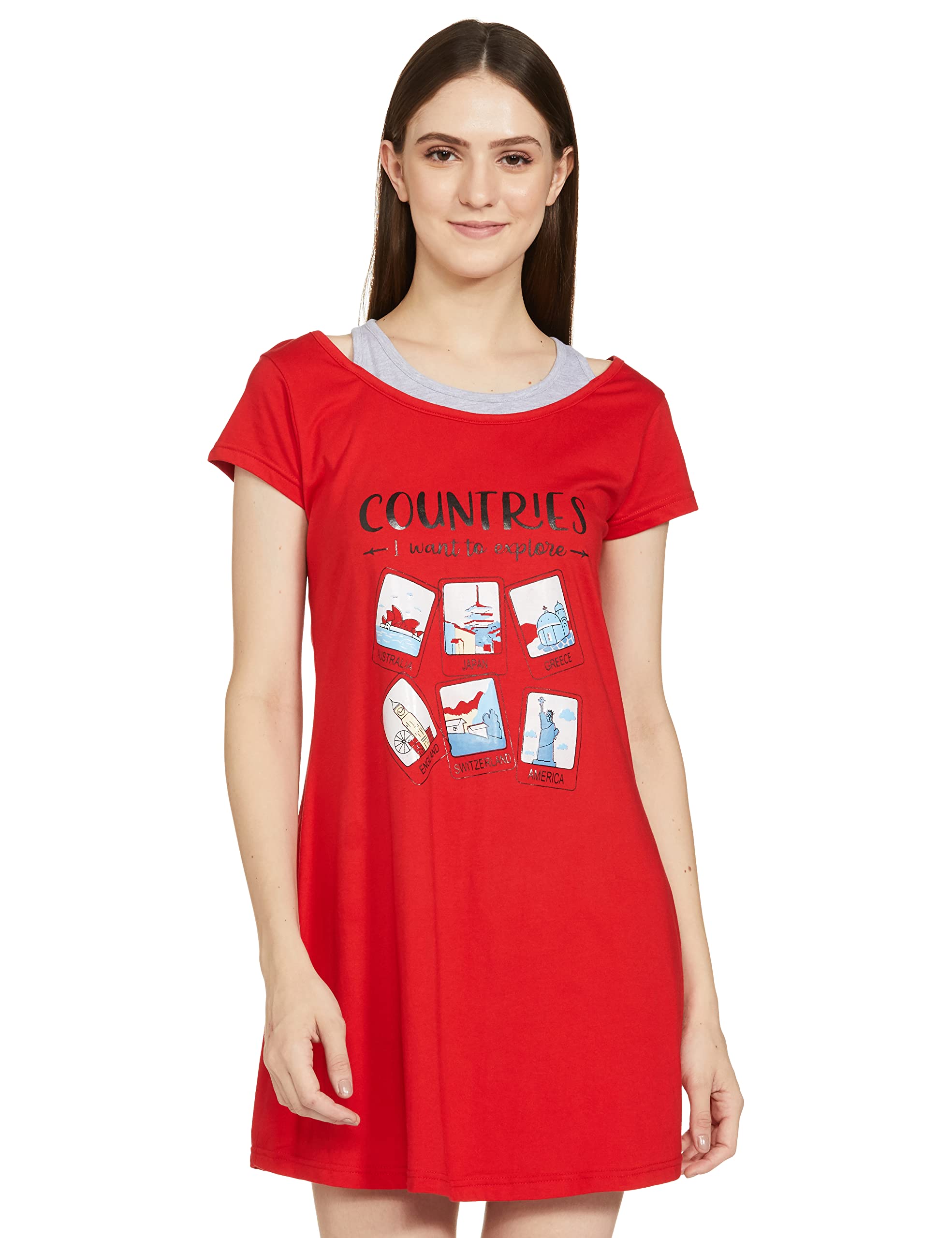 Women Graphic Printed Half Sleeves Cotton Knee Length Chemise Night Dress-image-49