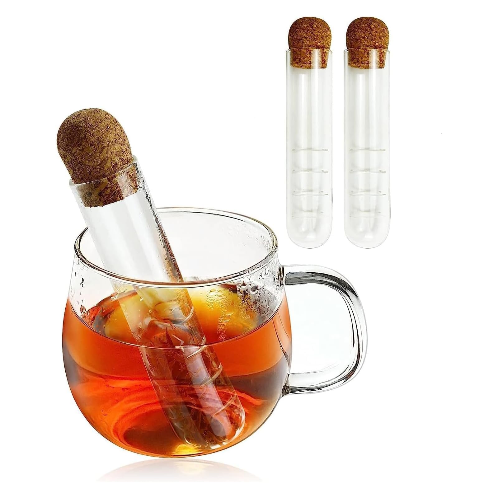 Paporich Glass Tea Infuser,Glass Reusable Tea Strainer with Cork Lid,Mini Clear Tea Infuser,Transparent Tube Strainer,Tea Brewing Filter,Glass Tube Tea Infuser for Loose Tea(Pack of 2)