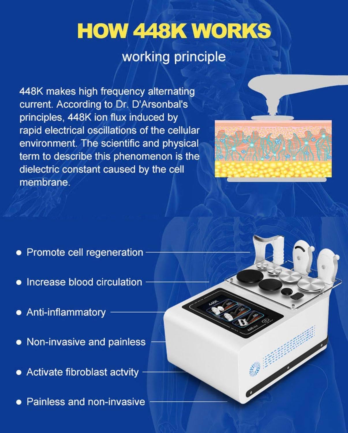 Apparecchio per radiofrequenza a 448 kHz - per Lifting a RF, Perdita di Peso e modellamento del Corpo, con 3 Maniglie e 8 postazioni di Lavoro per trattamenti fisici Profondi White
