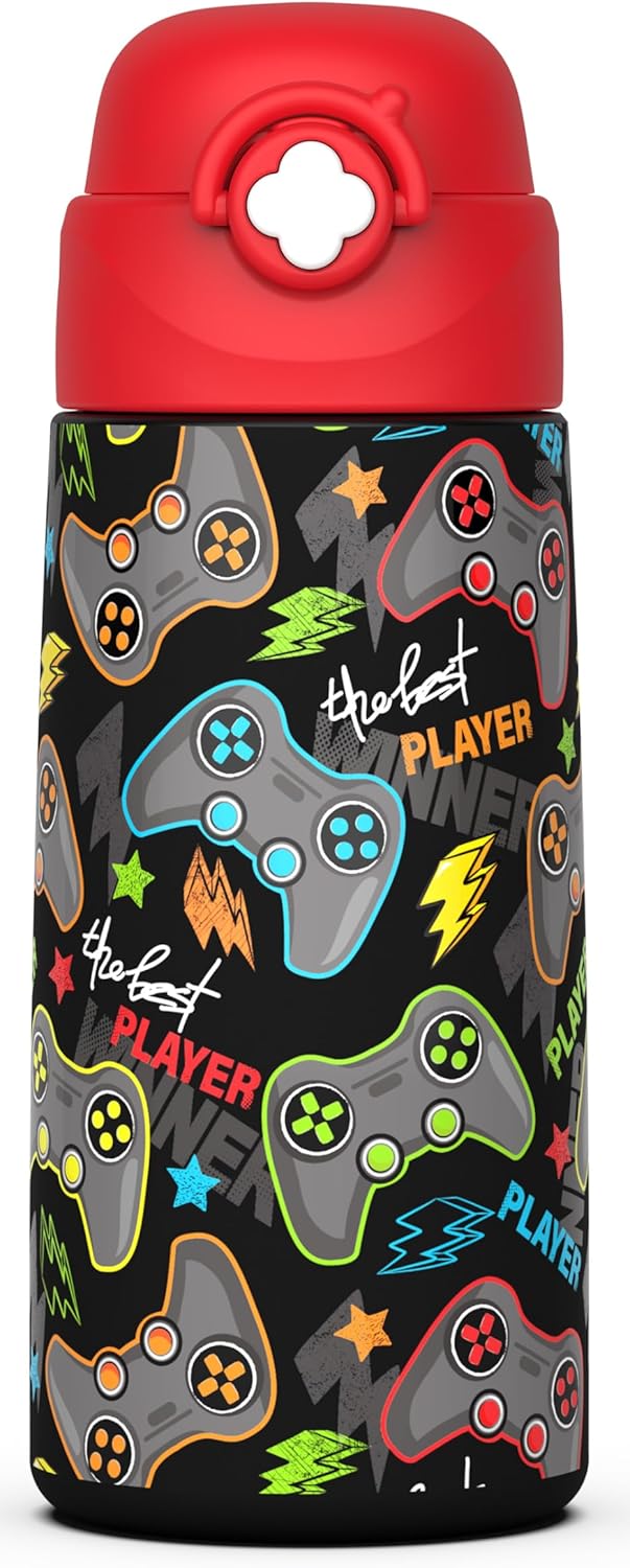 Boys Insulated Water Bottle with Covered Pop-Up Straw,16 oz Kids Cups with Stainless Steel Leak Proof for School(Red-Game)