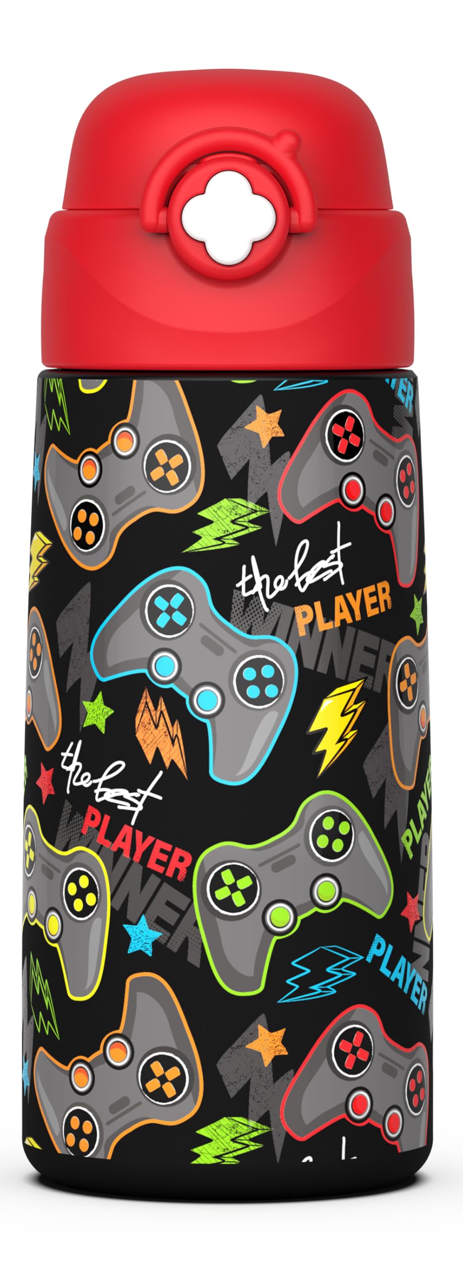 Ntswasd Boys Insulated Water Bottle with Covered Pop-Up Straw,500 ML Kids Cups with Stainless Steel Leak Proof for School（Game）
