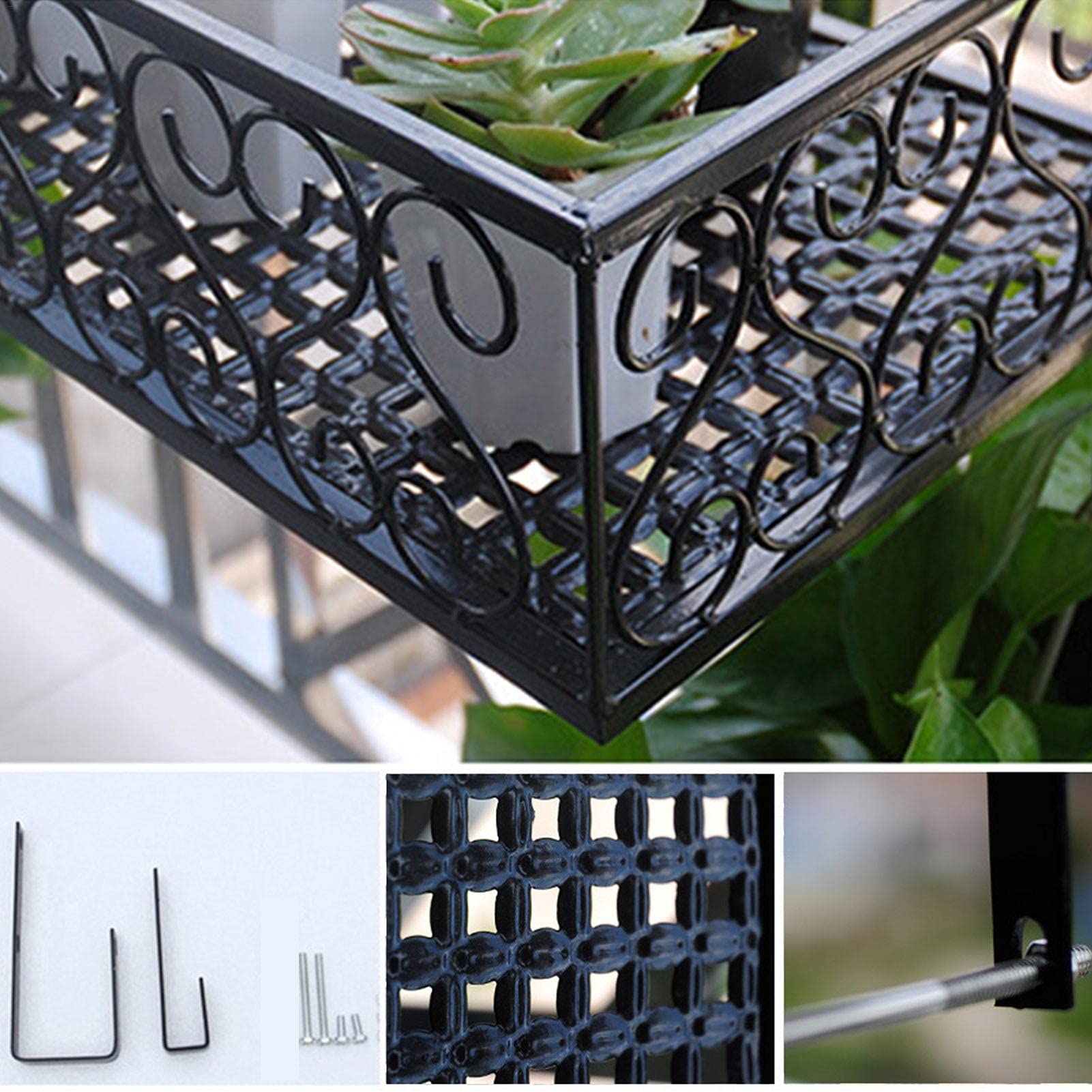 LaLaGreen Wandplantenbakken - 2 stuks, 16 inch venster bloembakken buiten, terrasreling plantenbak zwart dek reling plantenbak met coco liners metalen paardentroggen hek plantenbak balkon terras veranda over rail