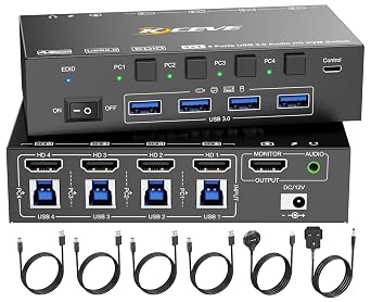4 Port 8K HDMI KVM Switch 4 Computers 4K@144Hz, Simulation EDID, MLEEDA 4 Port USB3.0 KVM Switch with Audio for 4 PC Share 1 Monitor and Keyboard Mouse Headset,Wired Remote,Power Adapter Included