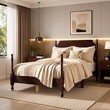 Vintage Wood Full Bed Frame, Traditional Spindle Platform with Tall Headboard, Dark Walnut Antique Style 4-Poster Design, Under Bed Storage, No Box Spring Needed