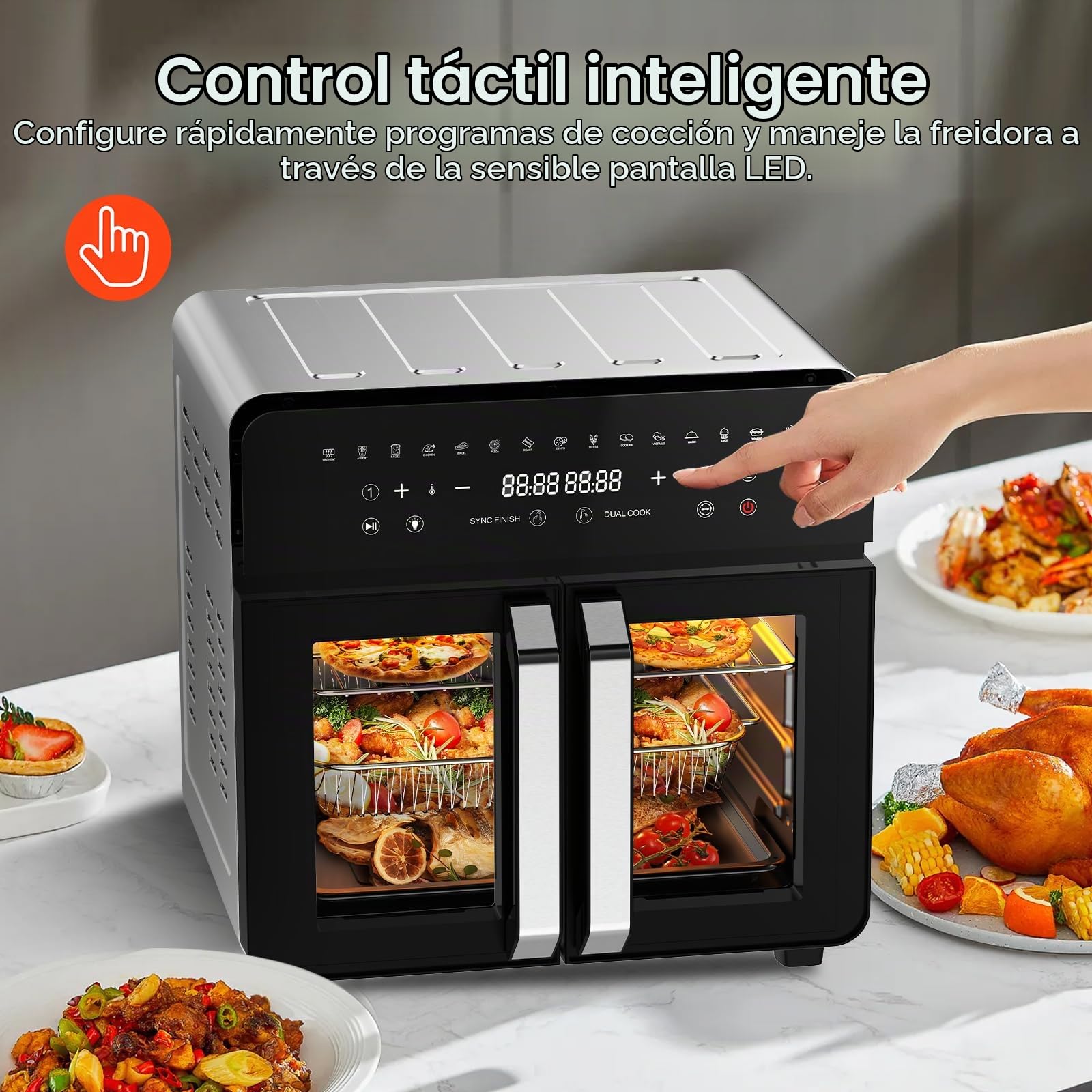 Freidora de Aire Dual Zone 23L, Air Fryer XXL con divisor extraíble, Freidora sin aceite con puertas French Door, 15 programas, Gran ventana, 5 juegos de accesorios, Libro de recetas