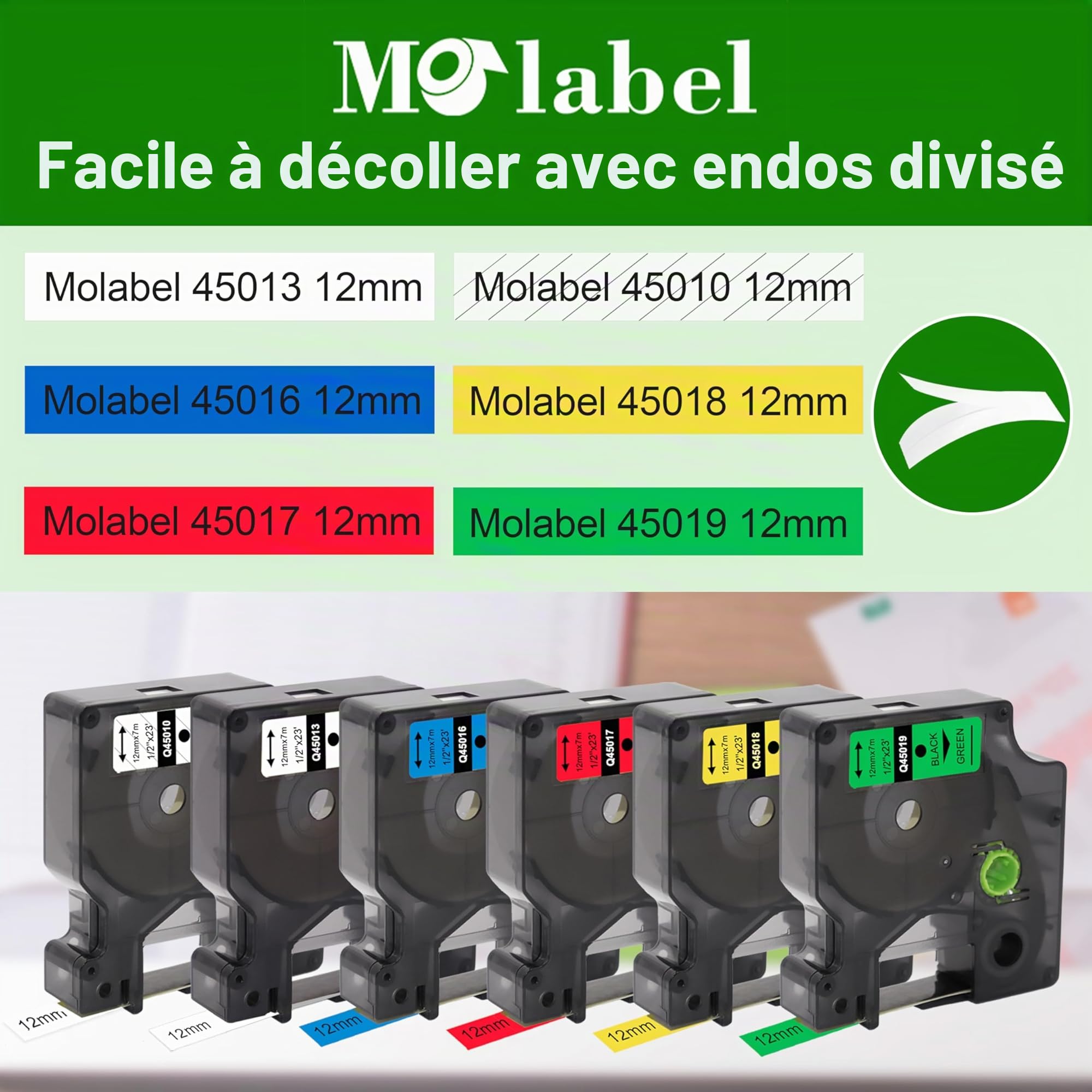 6 x Compatible pour Dymo D1 12mm Ruban d'étiquettes 45013 45010 45016 45017 45018 45019 12mm x 7m pour LabelManager 160 280 100 210D 360D 420P, Blanc/Transparent/Bleu/Rouge/Jaune/Vert