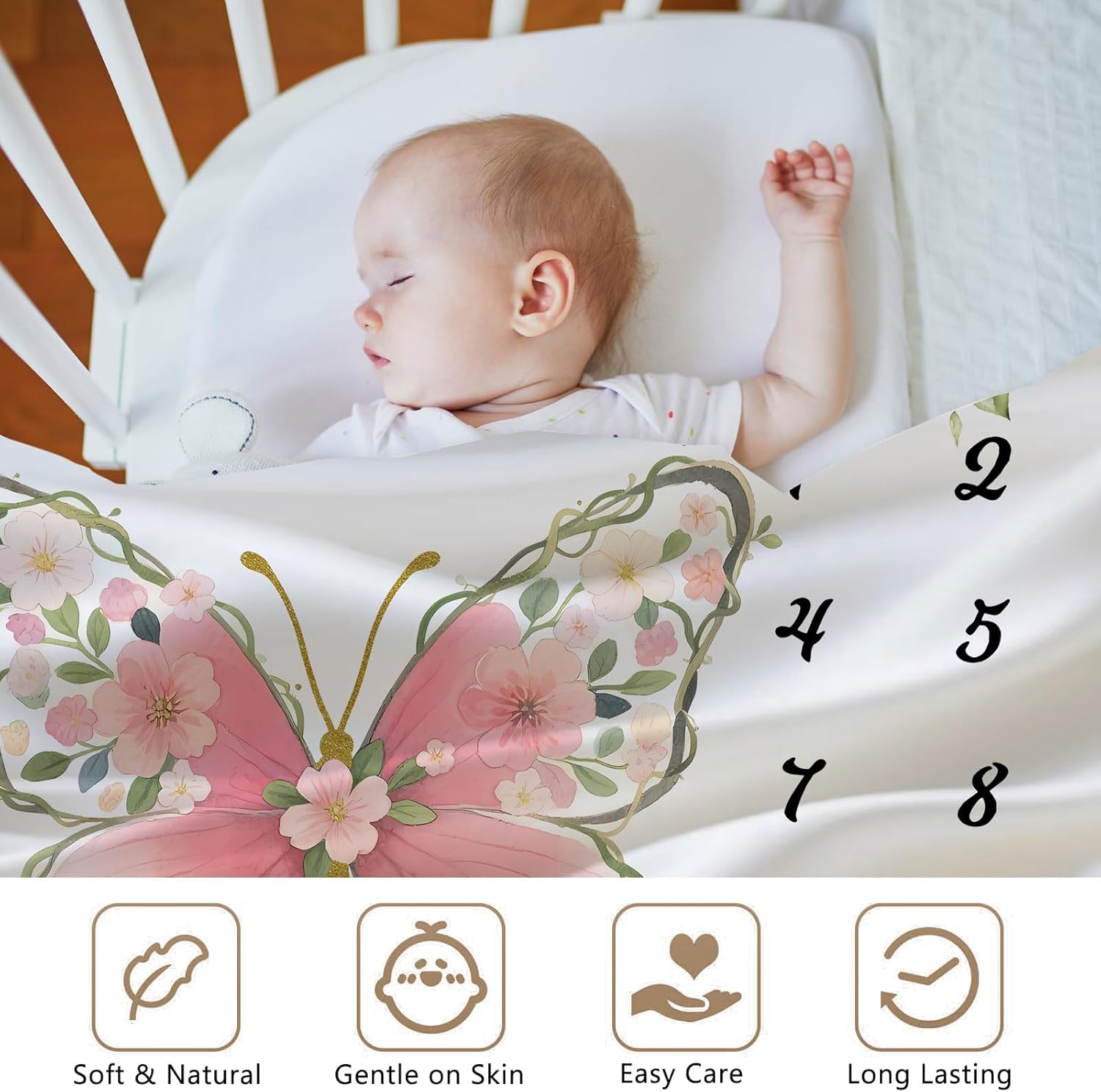 Floral Baby Milestone Blanket for Baby Girls, Pink Butterfly Baby Monthly Milestone Blanket,Newborn Photography Props,Newborn Shower Gifts for Mom,Soft Flannel,60x40 inches