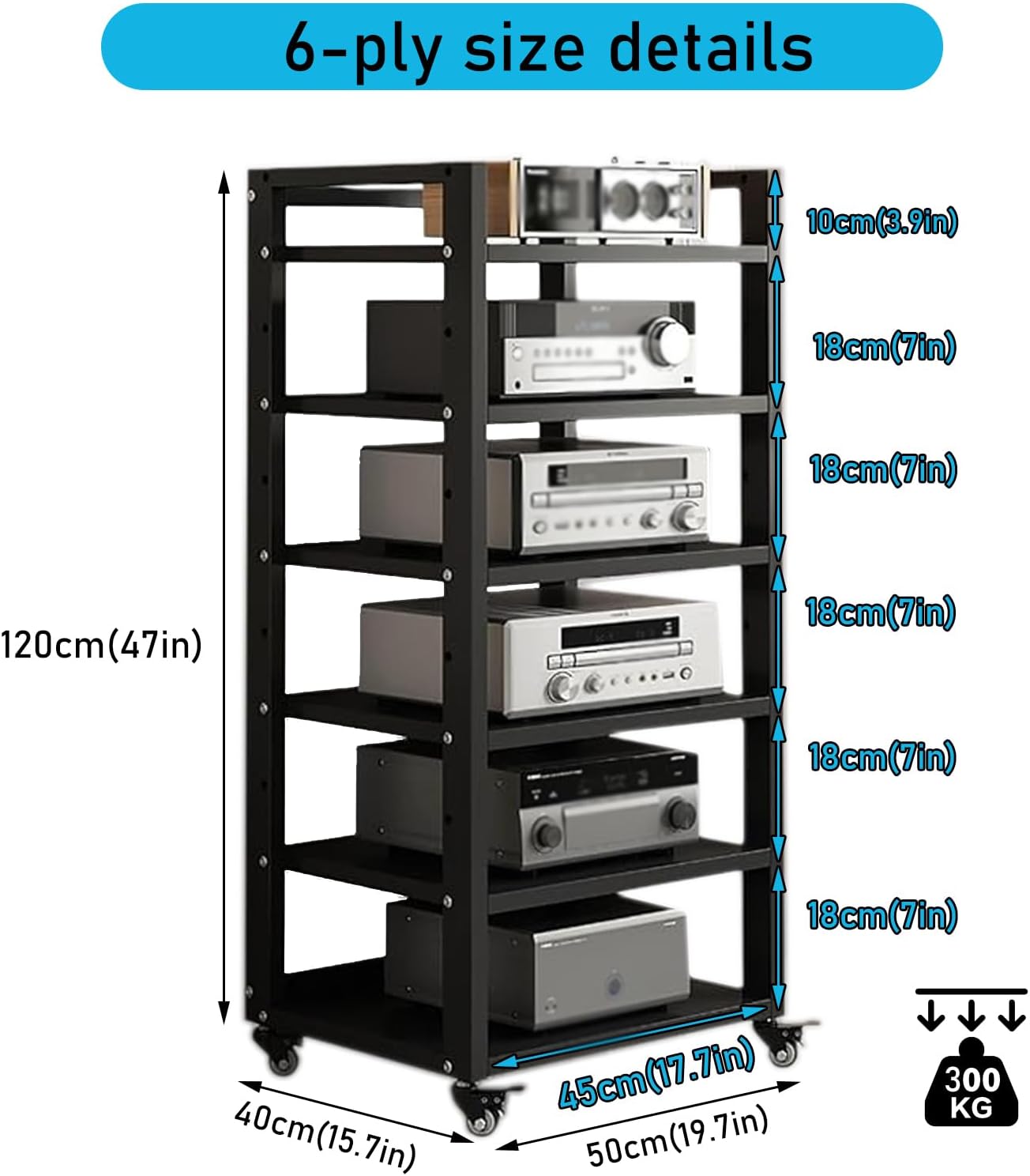 6 Tier Audio Rack Tower, CD Record Player Stereo Receiver AV Equipment Cabinet Display Rack, Weight Capacity 661 lbs, with Adjustable Wooden Shelves for Home (6 Tier Black)