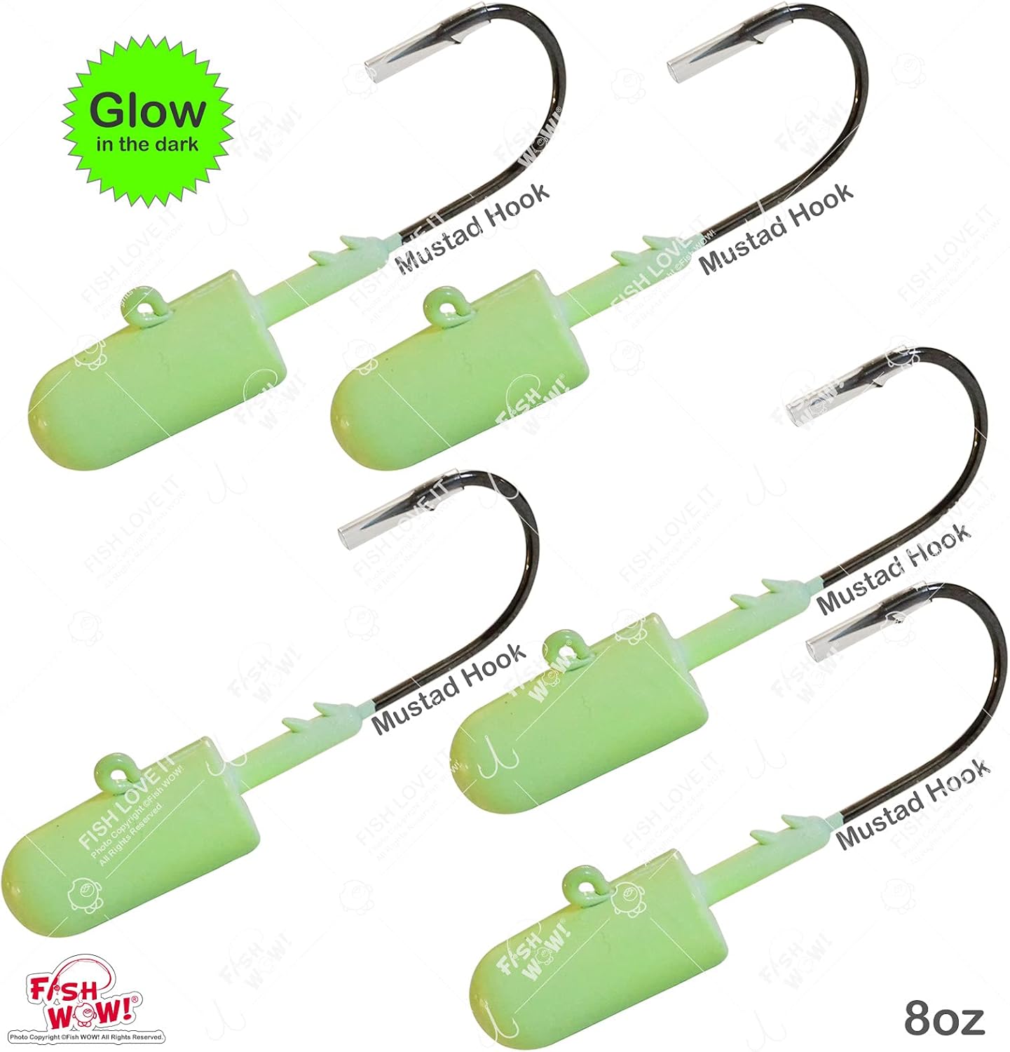 5pcs Glow Fish WOW!® 8oz Bullet Jighead with 32786 MUSTAD 10/0 Hook 2X Strong Black Nickel Hooks Jig Heads