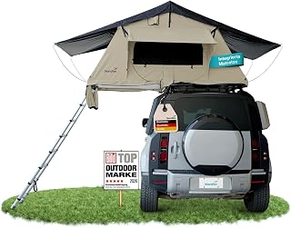 Skandika Dachzelt Freeland 240 x 140 | Autodachzelt für 2 Personen, Softcover Autozelt mit Leiter, wasserfest 3000 mm, Eingang und Fenster mit Moskitonetz, Dachfenster | Auto Zelt für PKW, Bus