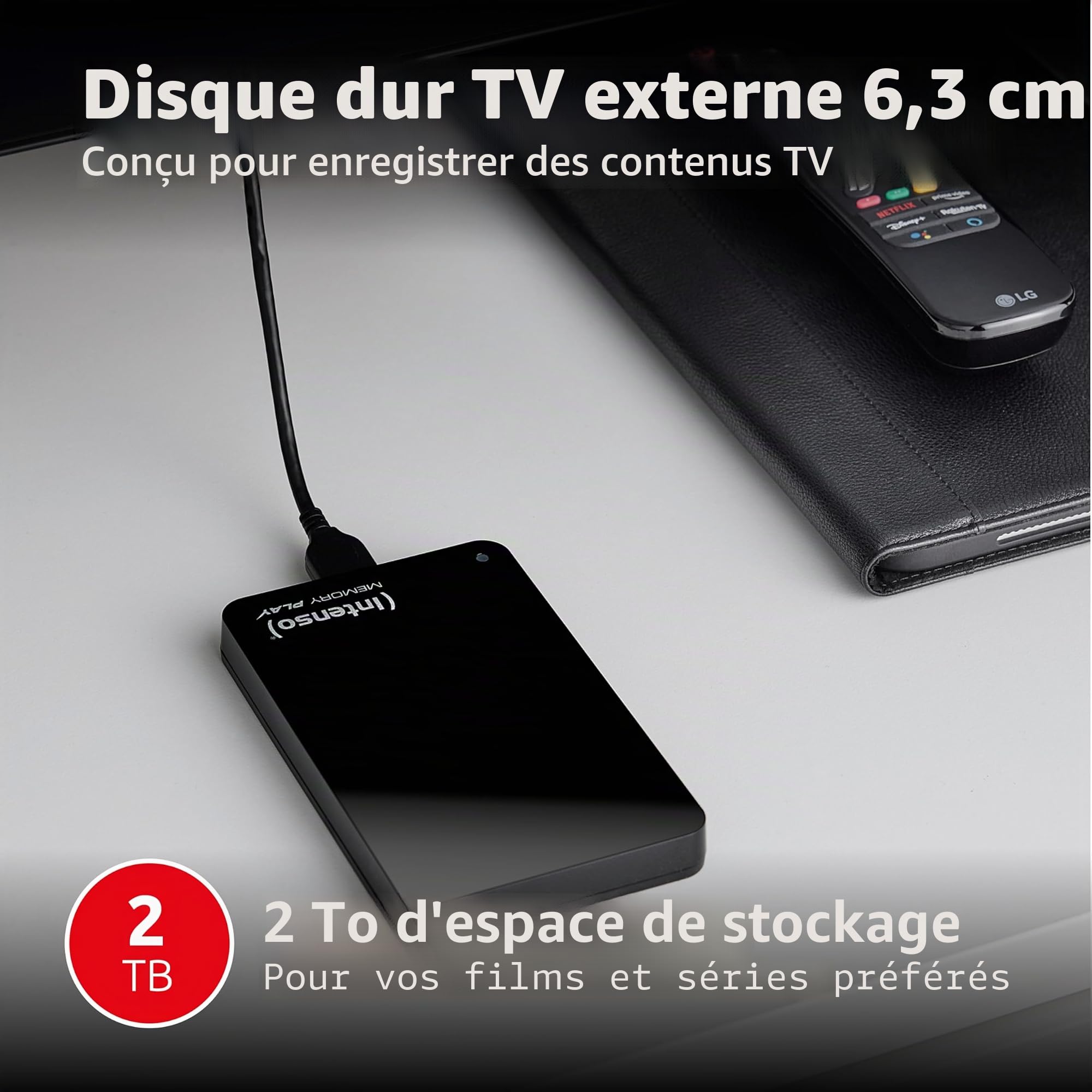 Intenso Memory Play 6021480 Disque Dur Portable 2 to pour TV Externe Portable - 2,5" - 5400 TR/Min - Cache 8 Mo - USB 3 avec Support TV - Noir