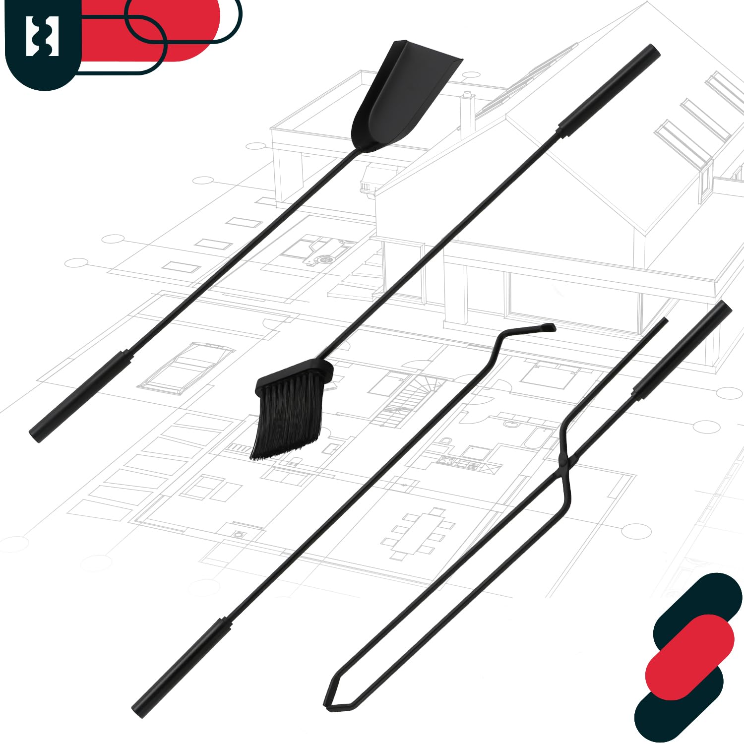 KOTARBAU® Juego de herramientas para chimenea de acero, Set de 5 piezas: escoba, pala, pinzas y atizador de ceniza con soporte de pie, Herramientas para chimenea, estufa, Negro