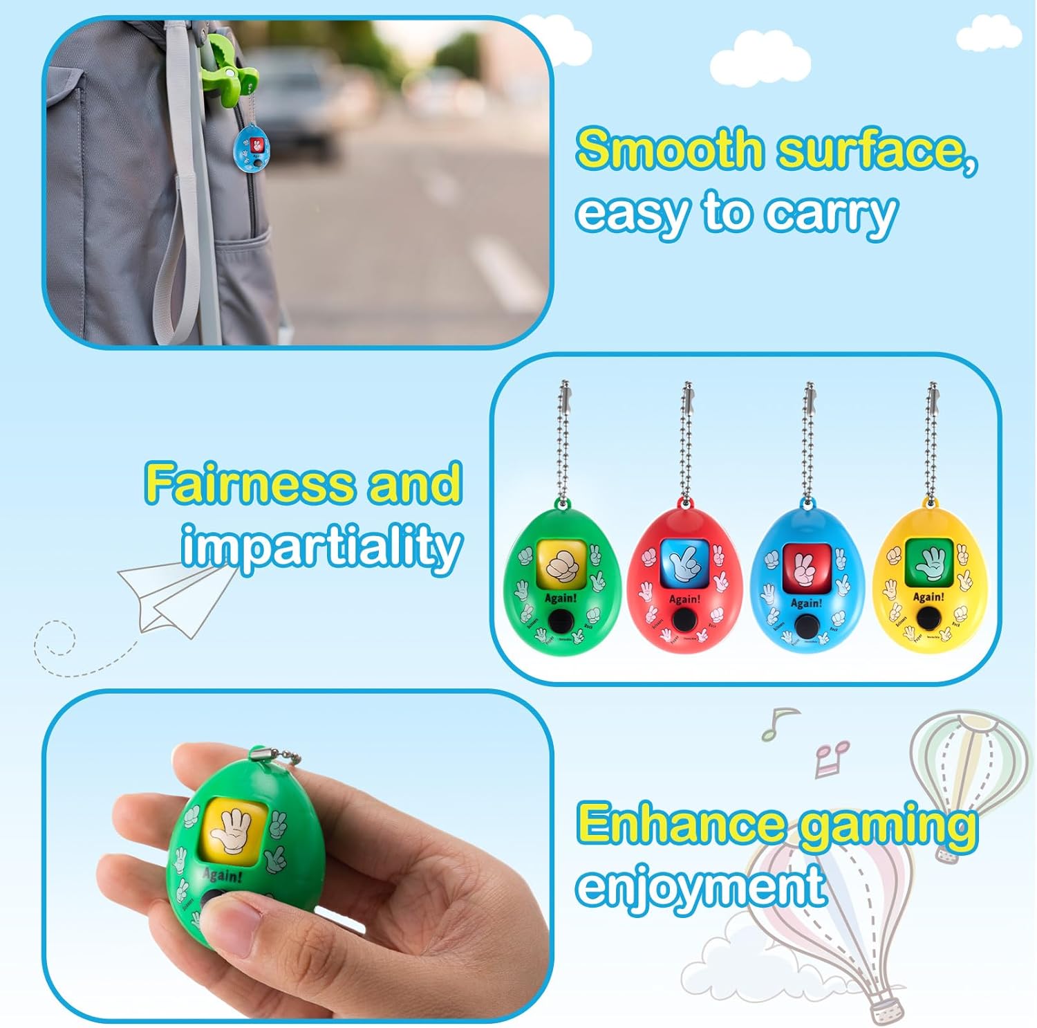 Skylety 100 Pcs Rock Paper Scissors Random Toy 2 x 1.5 Inch Mini Random Rock Paper Scissors Game Egg Toy Keychain Prop for Party Favor Goodie Bag Stuffer Gift, 4 Color, No Battery Needed (Bright)
