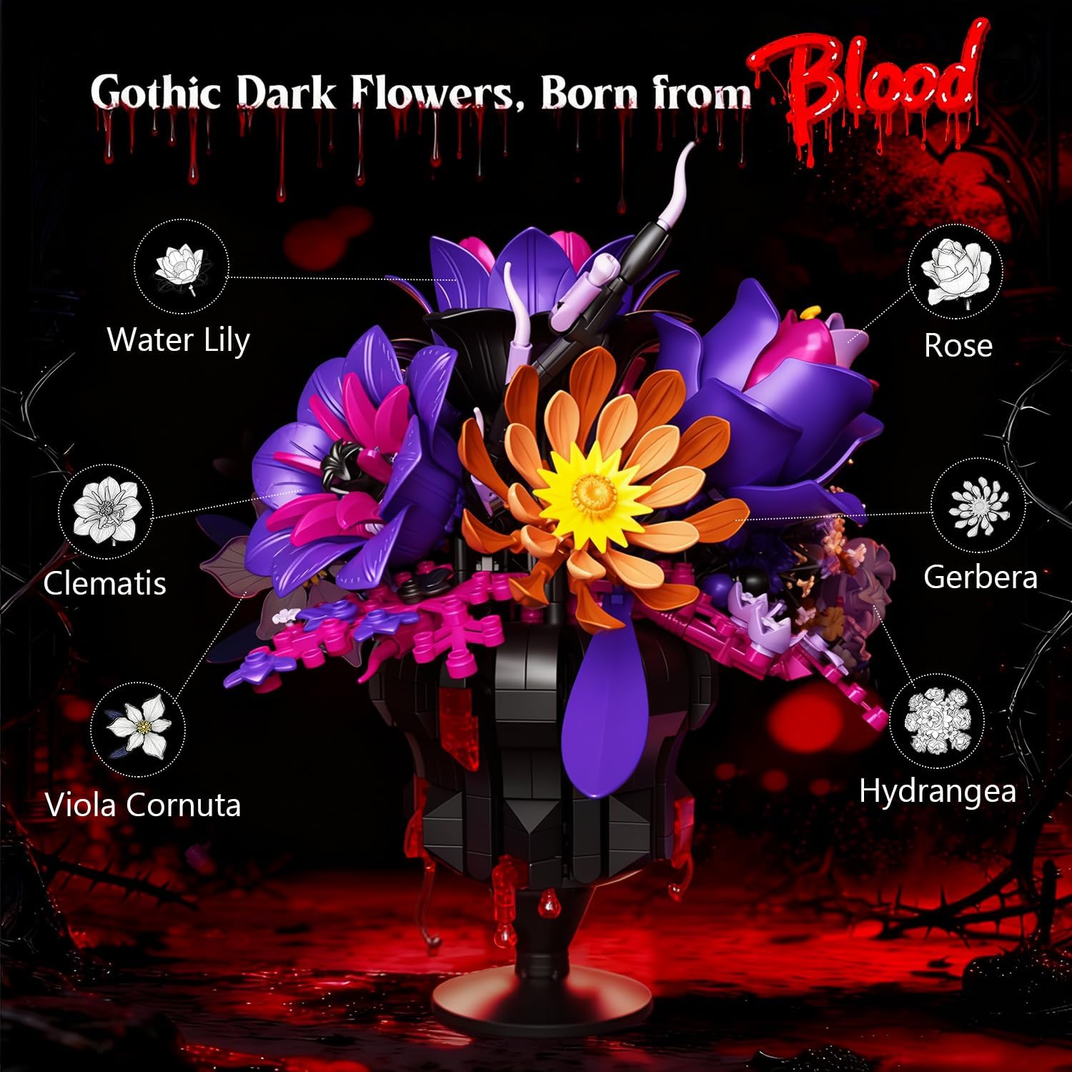 Gothic Rose Bouquet Building Set with Bleeding Vase, Purple Rose Gothic Flowers Building Toy, Horror Home Decor Compatible with Lego Flowers Sets, Halloween Decorations Gift for Adults, 947 PCS