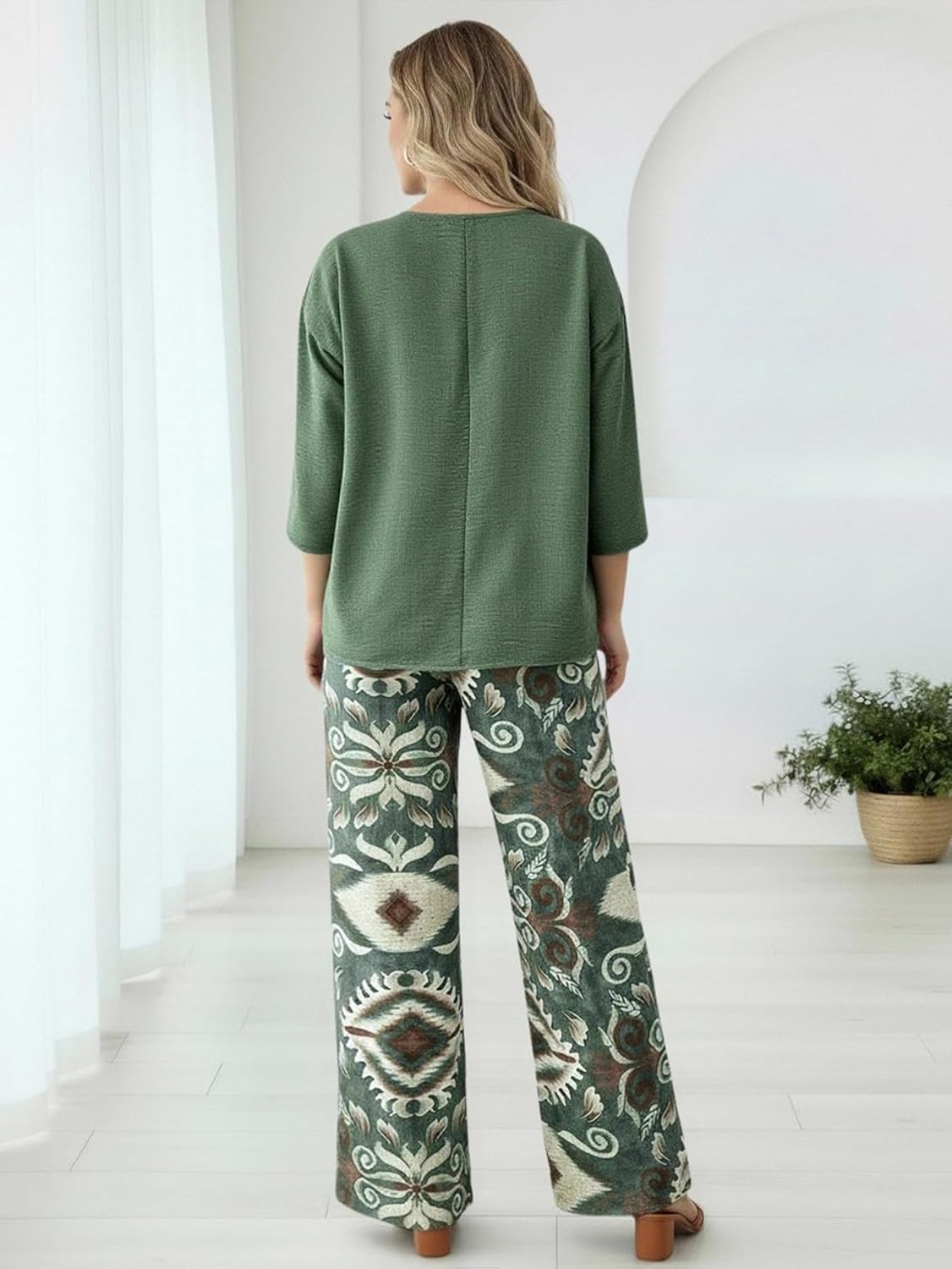 Women's Plus Size 2 Piece Outfits Notch Neck 3/4 Sleeve Top and Boho Pants Set Beach Vacation Clothes - Image 2