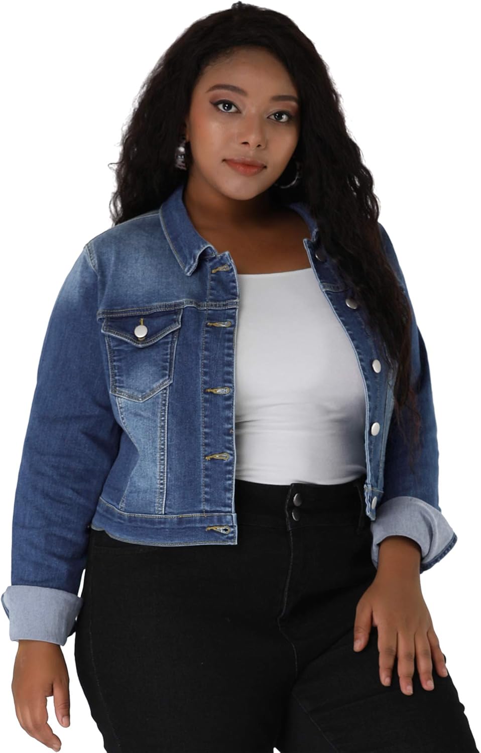 uxcell Women's Plus Size Button Closed Cropped Denim Jackets Stitching 2026 - Image 4