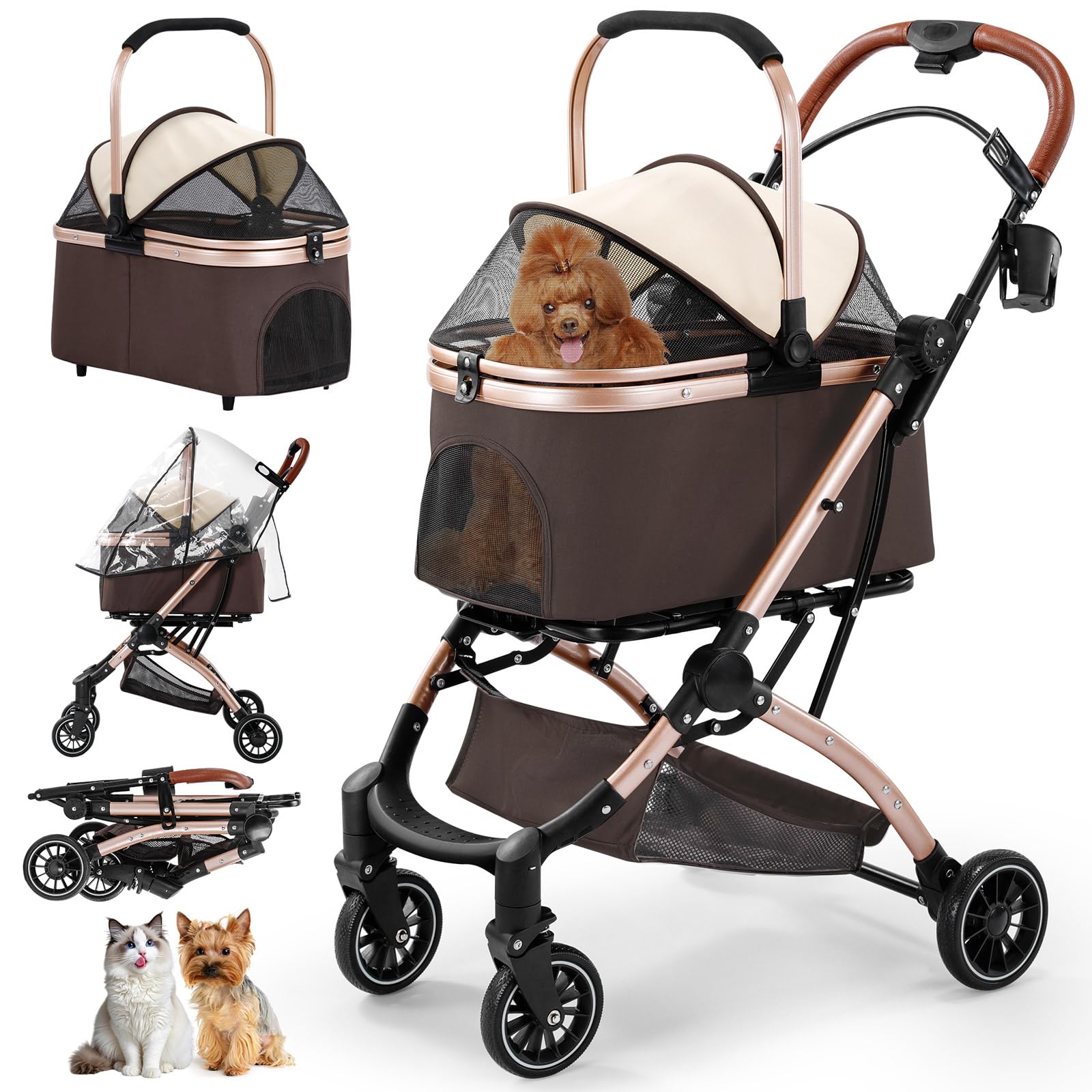 Gimars Passeggino Pieghevole per Cani Gatti 4 in 1 fino a 20 kg, Passeggino Cane con Trasportino Staccabile Cestello, Ruote Anteriori 360°, Parapioggia Freni Portabicchieri Cestino Portaoggetti, Cachi