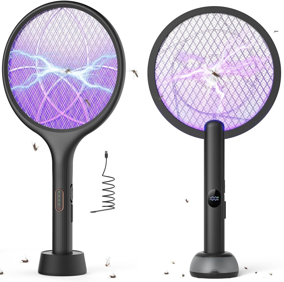 YISSVIC Electric Fly Swatter 4000V Bug Zapper Racket Dual Modes 2PCS with Purple Mosquito Light