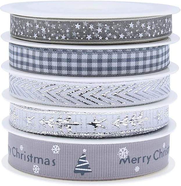 5×5m Silver Christmas Grosgrain Ribbon Bundle,Polyester Satin Ribbon Winter Holiday Fabric Ribbon Xmas Theme Ribbon Silver,Christmas Ribbon for Gift Wapping,Wedding,Crafts,Hair Band Sewing Bow Making