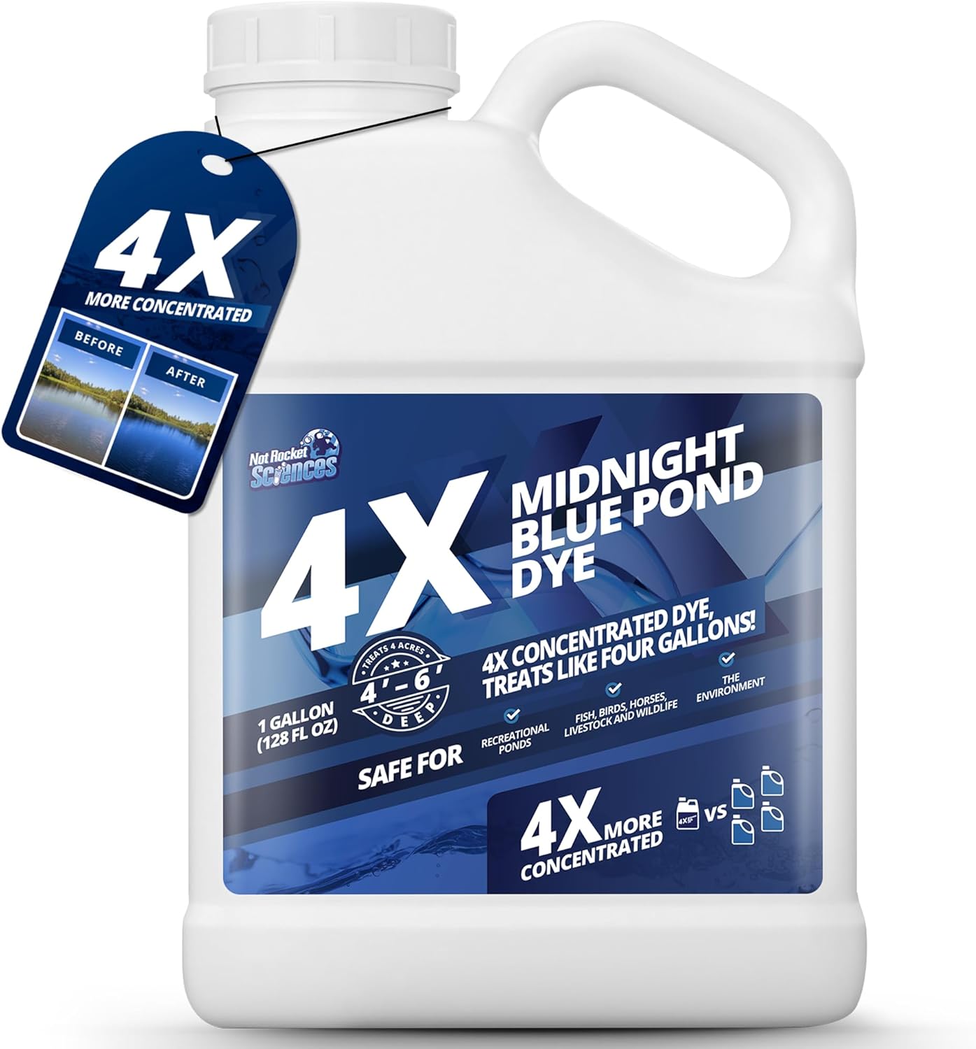 1 Gallon Midnight Blue Pond Dye, 4X Concentrate Pond Dye Blue, Dark Natural Looking Aquashade for Beautiful Lake Water, Long-Lasting Colorant, Protects Against Sunlight - Ideal for Fish & Wildlife