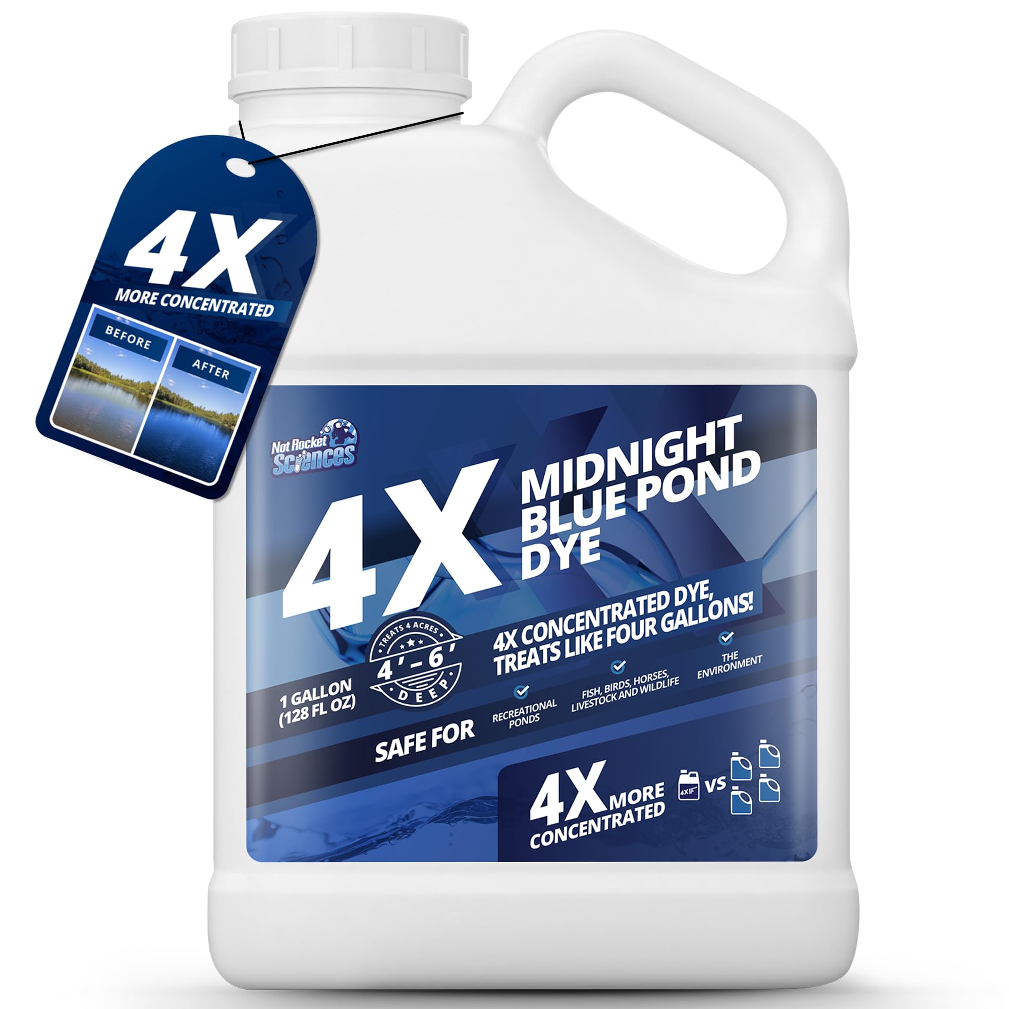 1 Gallon Midnight Blue Pond Dye, 4X Concentrate Pond Dye Blue, Dark Natural Looking Aquashade for Beautiful Lake Water, Long-Lasting Colorant, Protects Against Sunlight - Ideal for Fish & Wildlife
