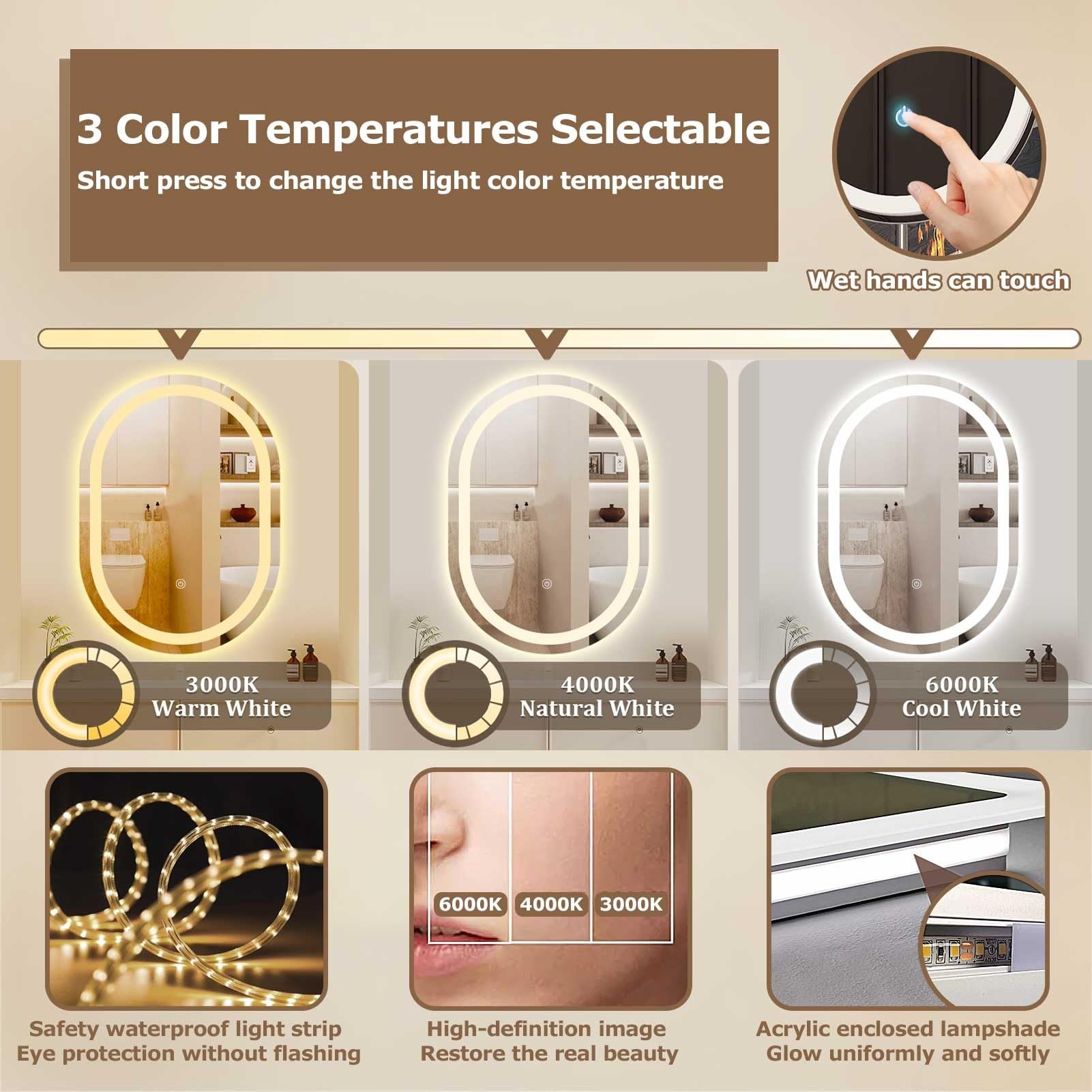 Specchio galleggiante con luci, da soffitto, in metallo, per trucco, elegante decorazione funzionale per spazi moderni, 40 x 70 cm, perfetto per uso domestico