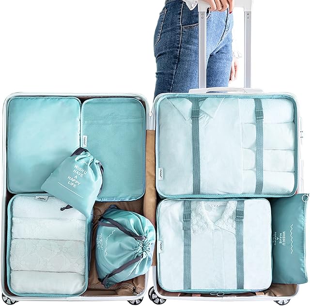 Packing Cubes for Suitcases, 8Pcs Luggage Organiser Bags, Travel Packing Cubes Organizer Set, Packing Cubes Compression Pouches for Clothes, Shoes, Cosmetics, Toiletries Storage (Blue)