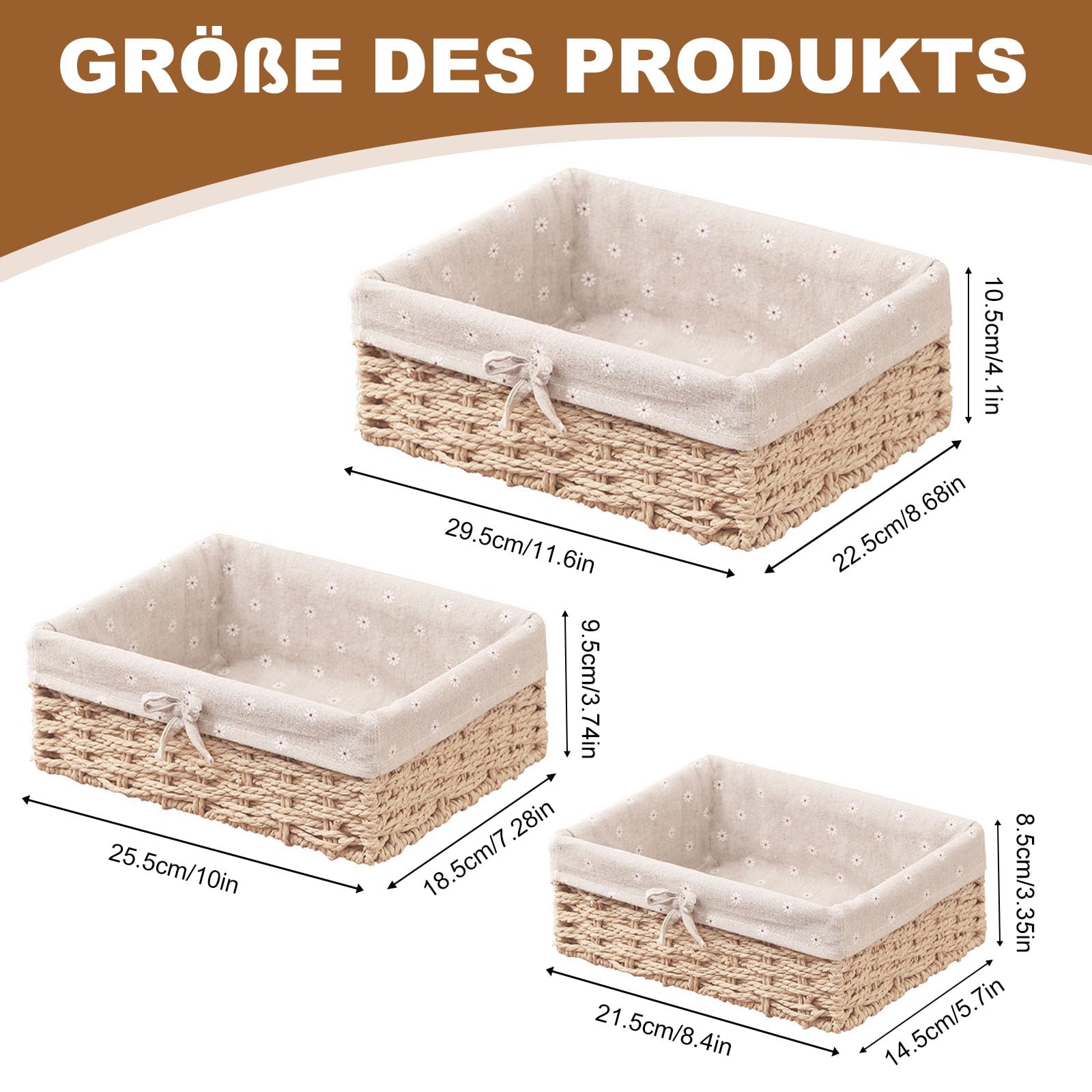 Brotkorb 3er Set, Brotkorb Geflochten mit Baumwolleinsatz, Aufbewahrungskorb Geflochten, Brötchenkorb Scandi Style, Brotkörbchen zum Brot, Backwaren und Haushaltswaren(Beige)