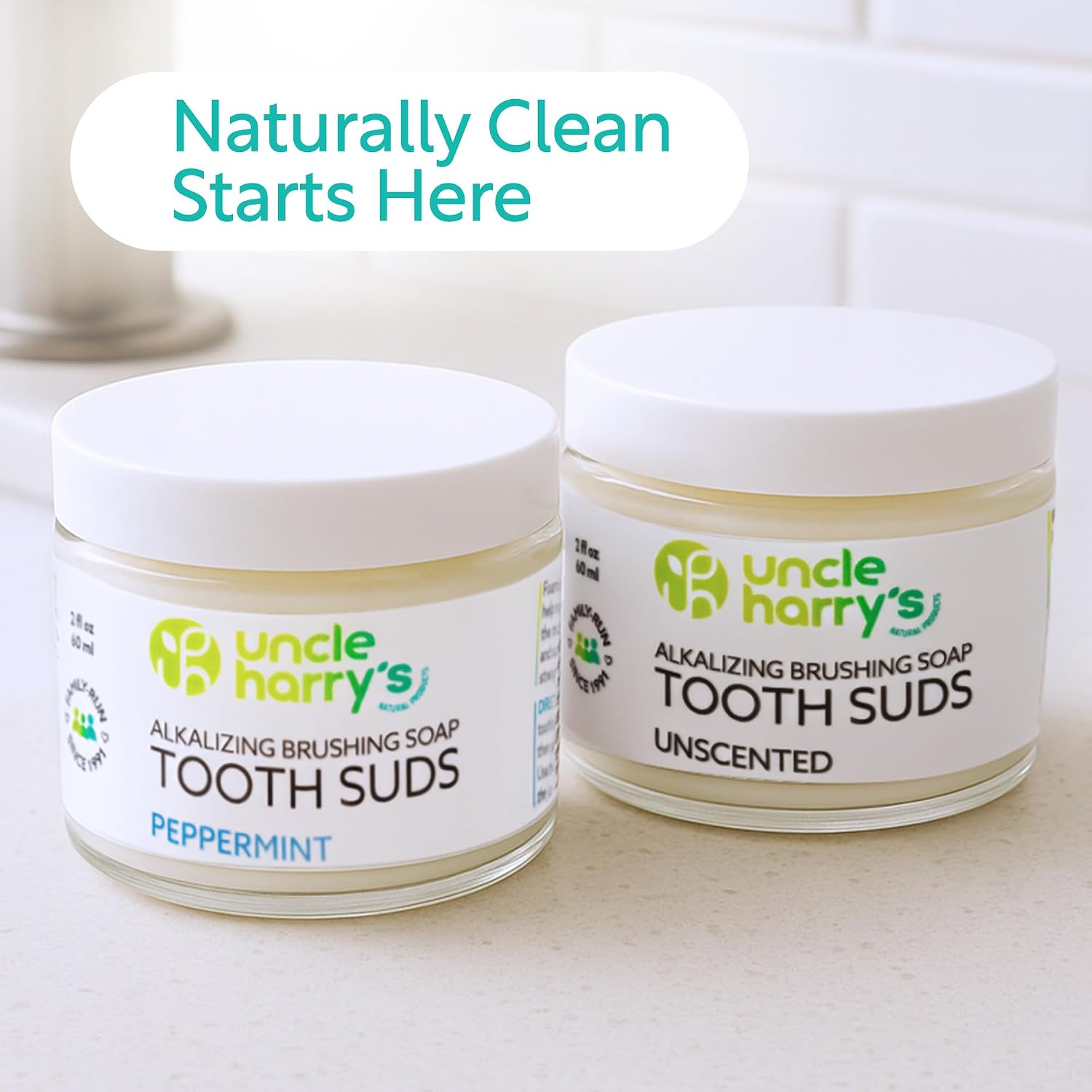 Uncle Harry’s Natural Products Alkalizing Nonabrasive Brushing Soap Tooth Suds, Peppermint, Remineralizes Tooth Enamel and Promotes Alkaline pH, Fluoride Free and Vegan, 2 Ounce Glass Jar