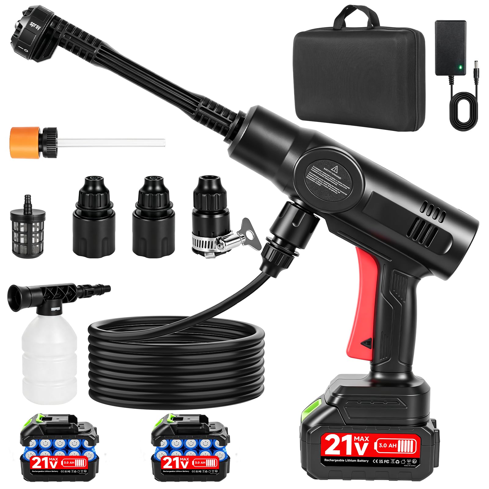 Keleef Cordless Pressure Washer 21V, 80Bar/1160PSI Portable Power Washer with 2 x 3.0Ah Batteries, 6-in-1 Nozzle, 5M Hose, 40000RPM Battery Jet Wash for Car Floor Garden Cleaning & Watering