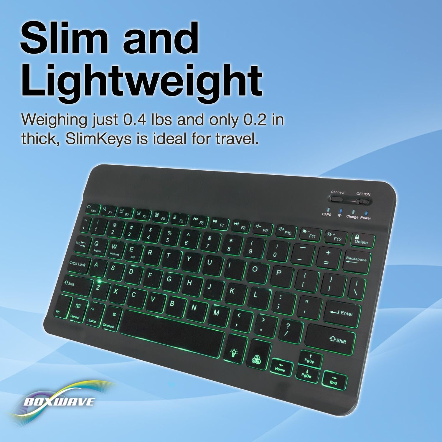 BoxWave SlimKeys Bluetooth Keyboard with its dimensions indicated.