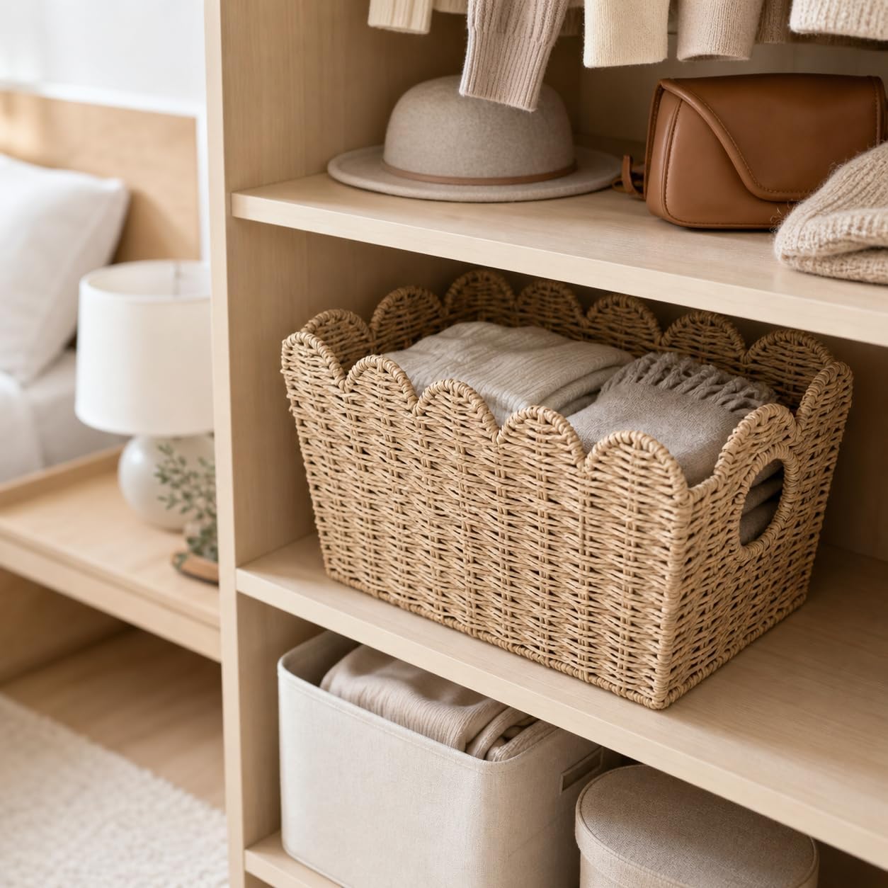 Scalloped Paper Rope Storage Basket Set of 2, Built-In Handles | Handwoven Decorative Basket, Nursery Pantry Closet Bathroom Entryway Toy Book Organizer, 13.2x9.8x8.67in
