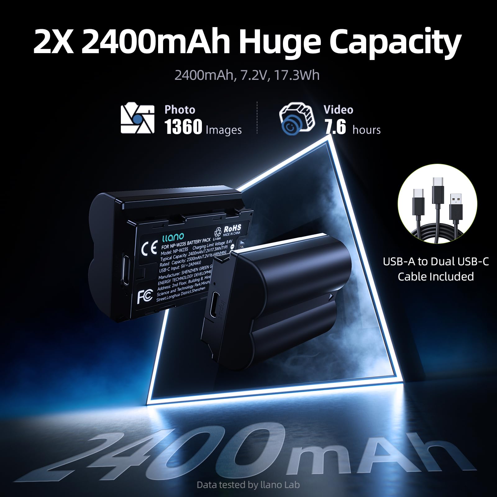 llano Batteria USB-C NP-W235 per fotocamere Fujifilm XT5, XT4, XT50, GFX100RF, VG-XT4, X-S20, GFX100S, GFX50S II, X-H2S, X-H2, capacità enorme 2400 mAh, completamente decodificata, 2,8 H carica