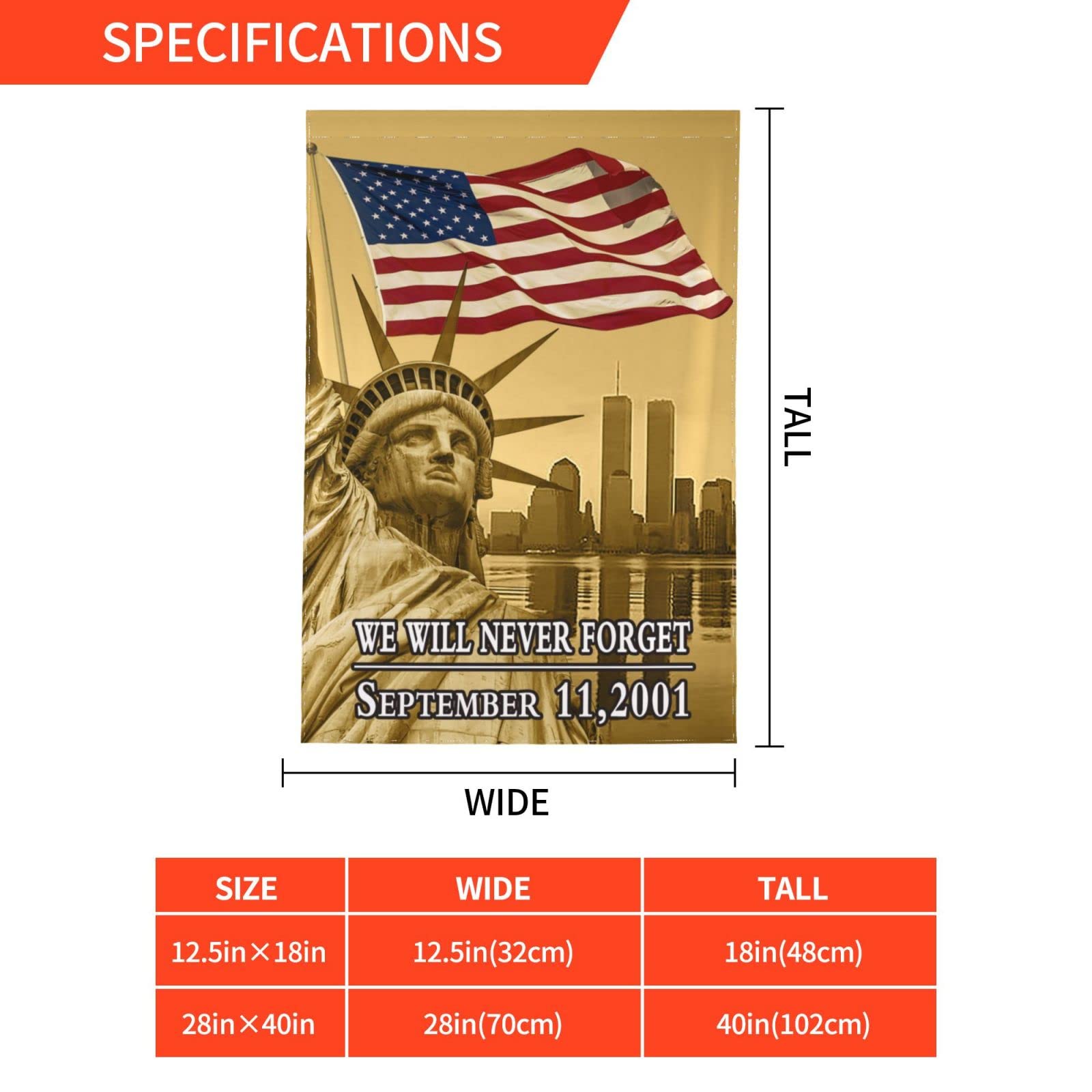 We Will Never Forget 9-11 flaga ogrodowa 60 cm x 100 cm dwustronna trwała odporna na blaknięcie flaga na zewnątrz podwórko ganek trawnik dekoracja domu flaga banery