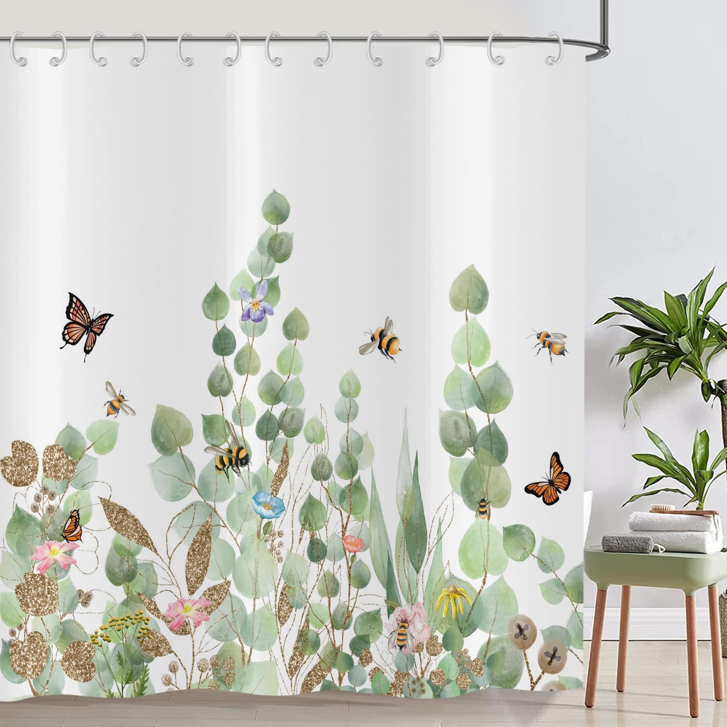 ASDCXZ Leaves Shower Curtain 120x180 cm, Spring Simplicity Green Gold Leaves Honey Bee Butterfly Bath Washable Shower Curtains Polyester Textile Waterproof Bath Curtain for Bathtub with 8 Hooks โ image 1