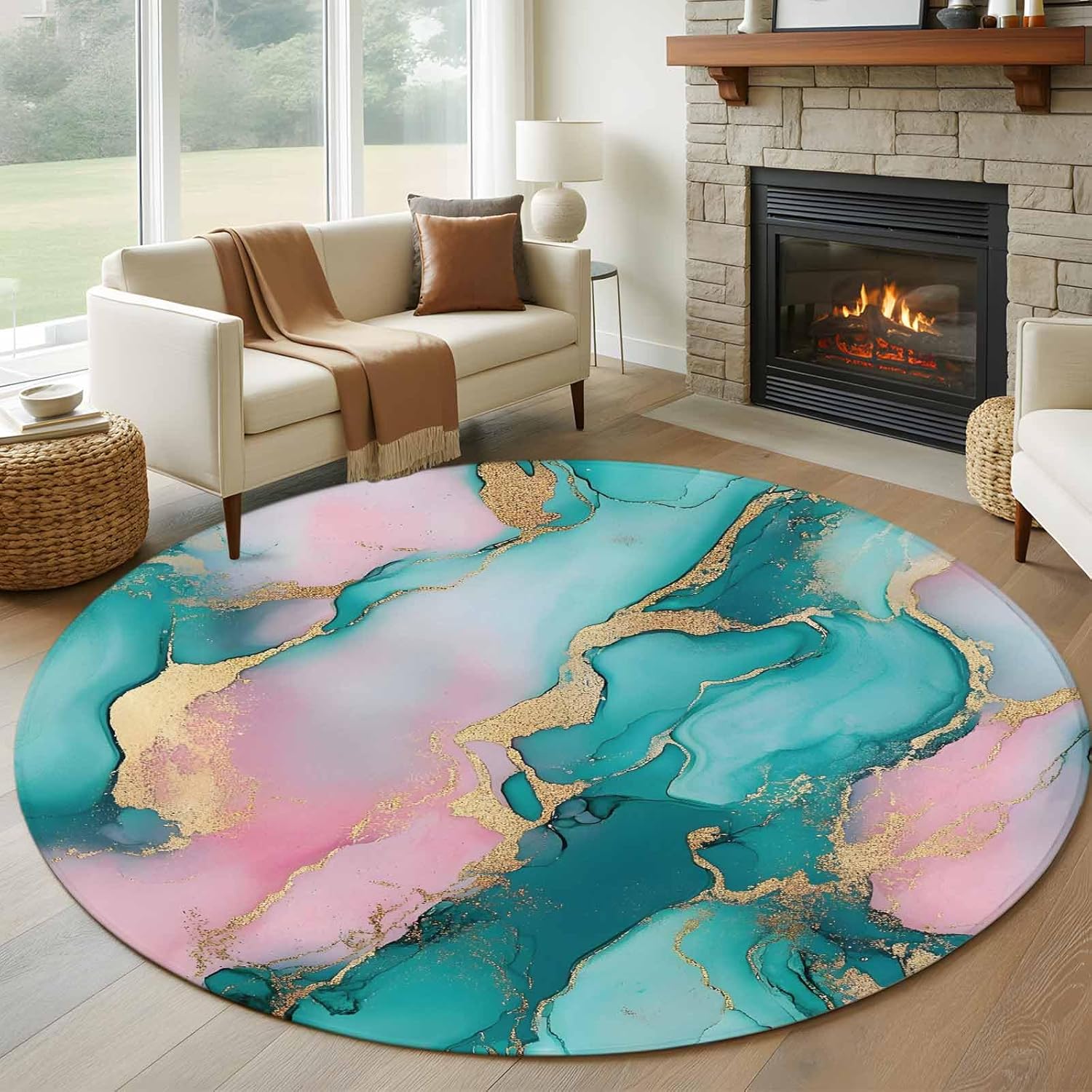 Round Rugs 5Ft, Teal Pink Marble Washable Rug for Living Room Low Pile Indoor Floor Carpet, Modern Art Abstract Ink Painting Non-Skid Bathroom Rug Kitchen Runner Rugs for Bedroom