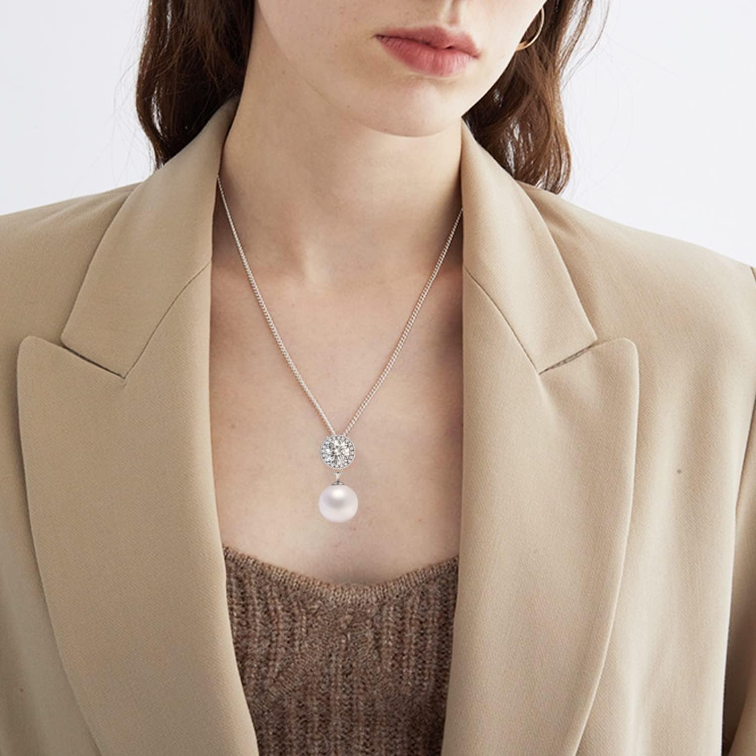 NONNYL Real Round Pearl Pendant Necklaces for Women with Genuine AAAAA Quality Freshwater Cultured 10mm Pearls | Platinum Gold Plated 925 Sterling Silver Necklace Fine Jewelry Gifts