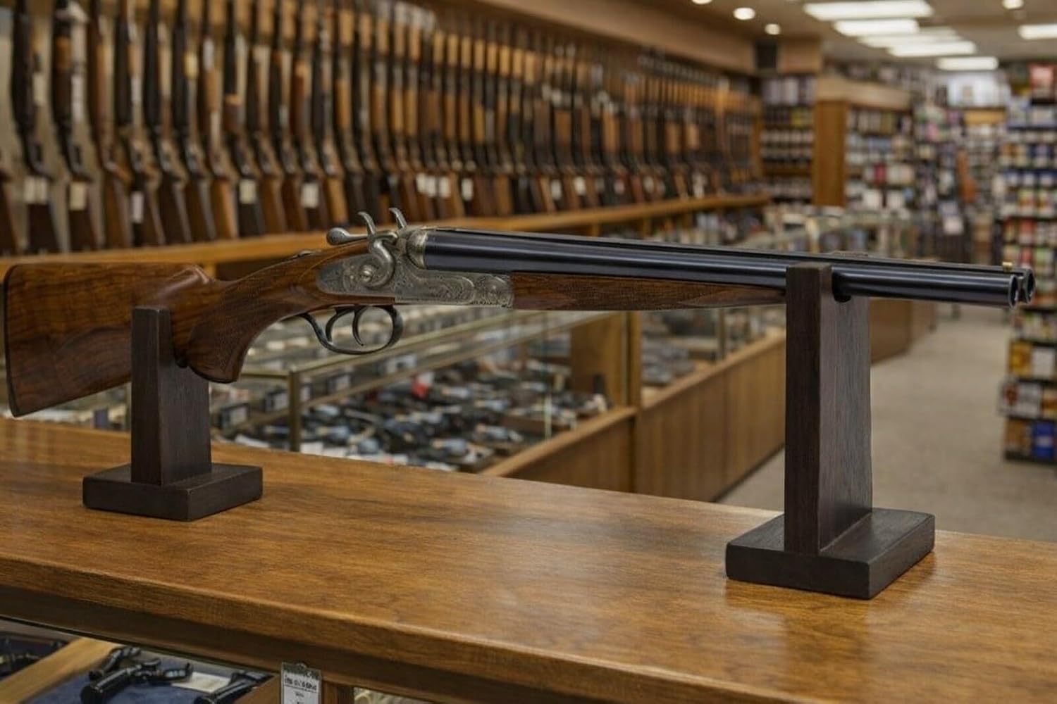 Rustic WIDE Top Wood Gun Display Stands, display stands for rifles, shotguns, long guns, firearms, weapons and collectables, for Displays, Shows, and Exhibits.