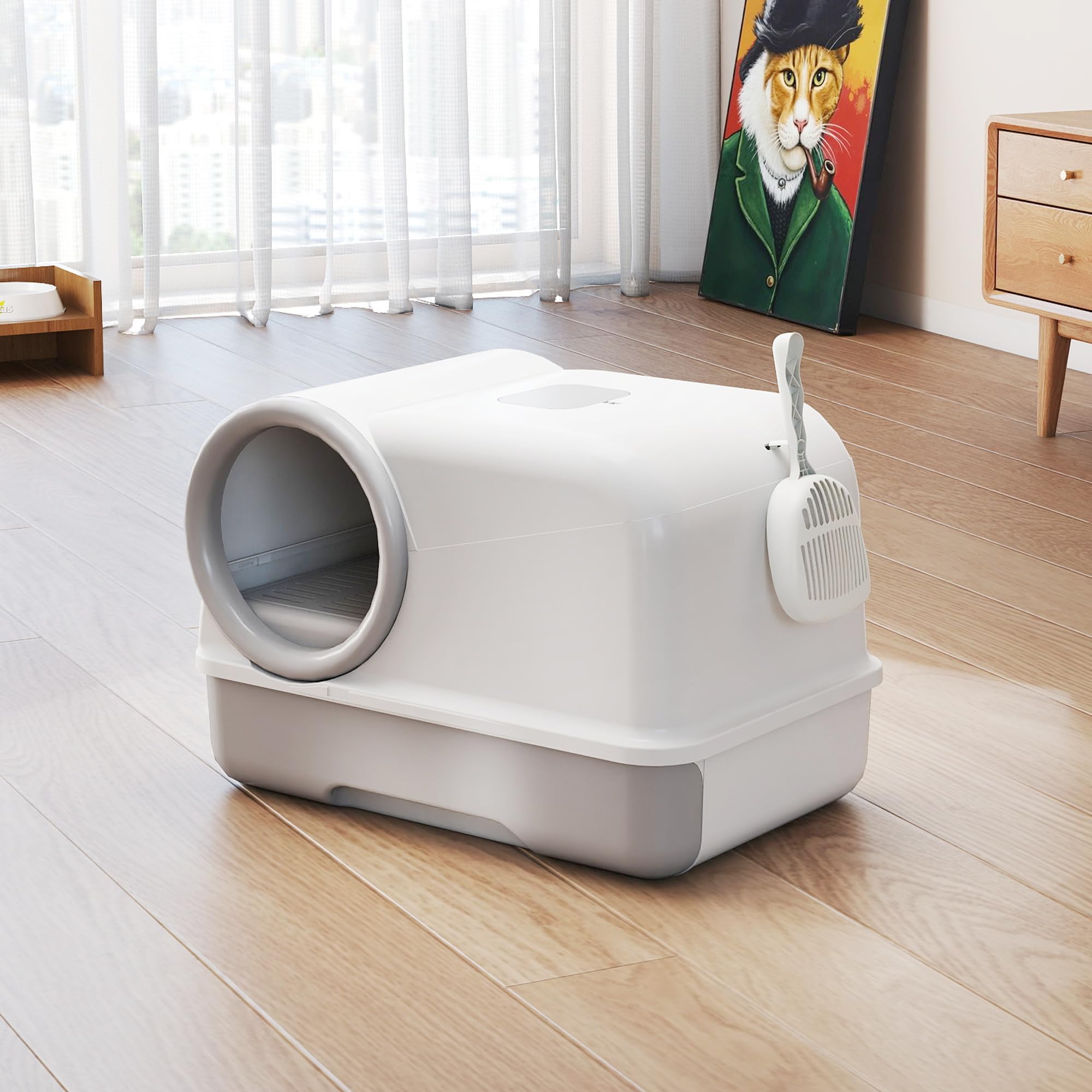 PawHut Lettiera per Gatti con Coperchio, Facile da Pulire, Bianco e Grigio | Toilette per Gatti, Vassoio con Paletta, Sacchetti Deodoranti