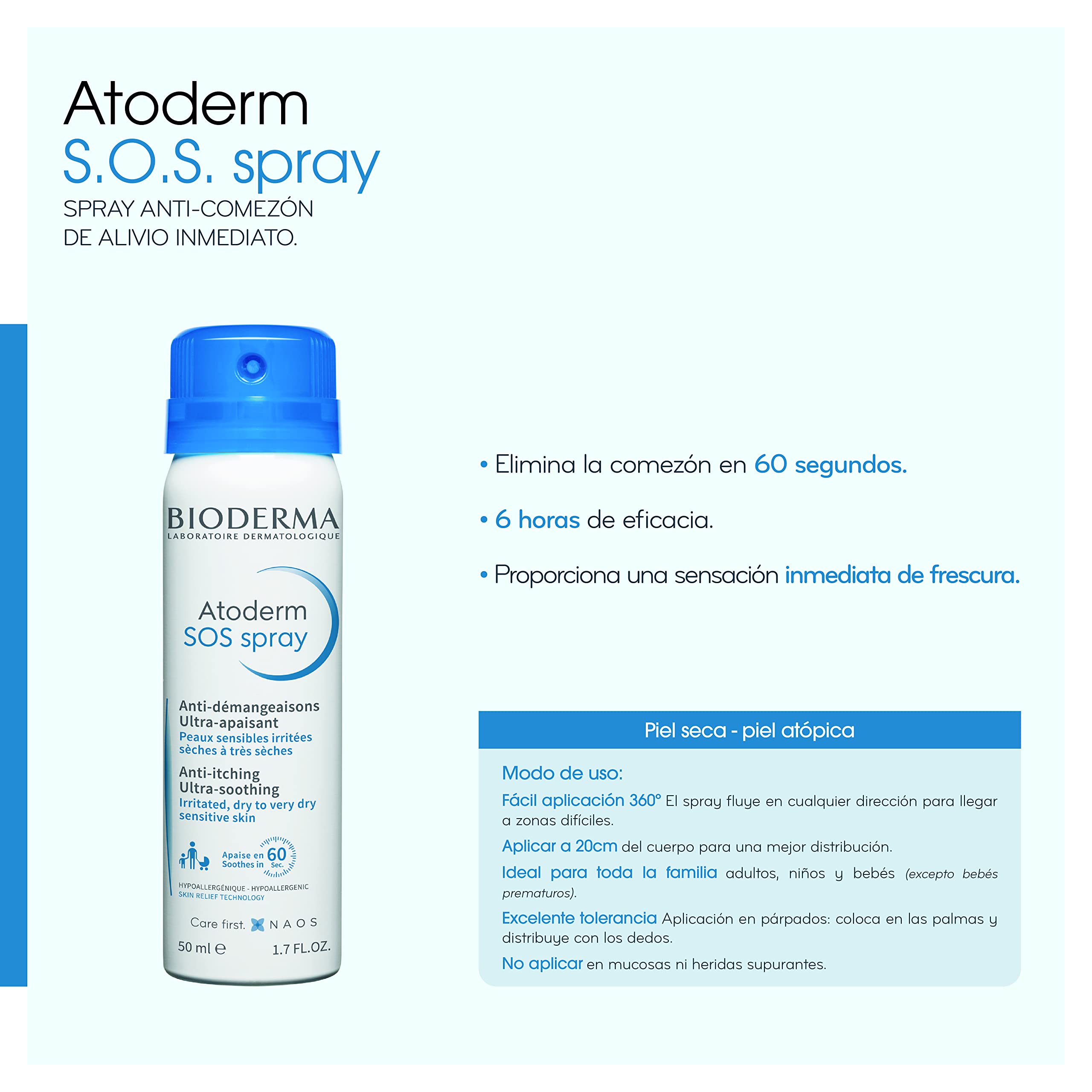 Bioderma Atoderm SOS Spray 50ml Fast Anti-Itch Soothing Spray for Very Dry, Irritated & Scratch-Prone Skin Instant Comfort for Face & Body On-the-Go Pocket Size