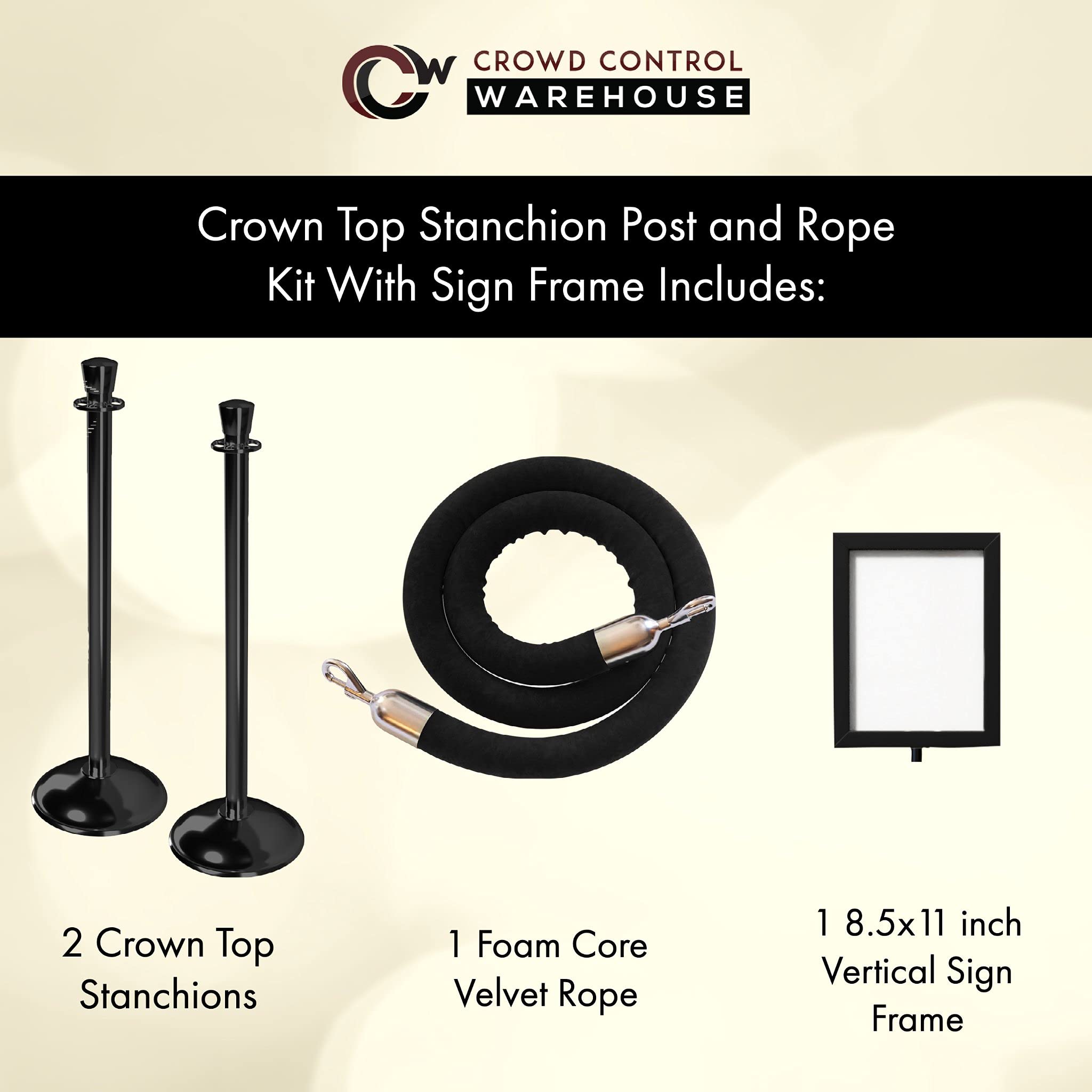 CCW Post and Rope Stanchion Kit with 2 Polished Stainless Steel Crown Top Posts, 1 Black Hanging Velvet Foam Core Rope (6ft.) in Polished Stainless SnapEnds and (1) 8.5x11 inch Vertical Sign Frame