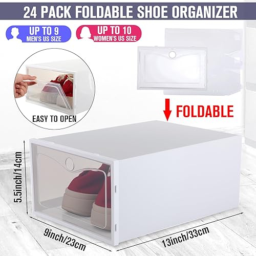 Miniatura 3 de Paquete de 24 cajas de zapatos para armario, tamaño 9, organizadores apilables de almacenamiento de zapatos con tapas, contenedores plegables de