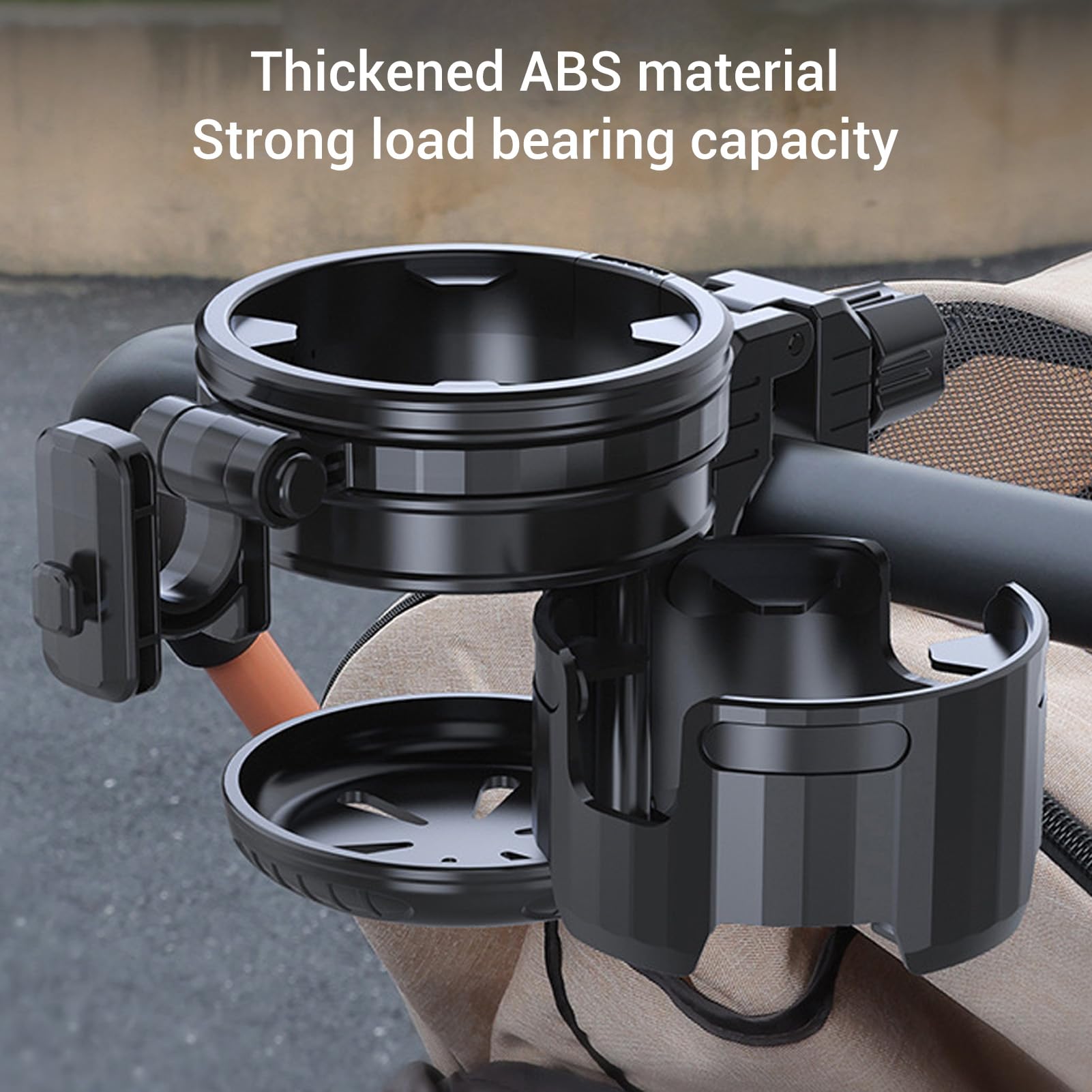 3 in 1 Stroller Cup Holder, 360 Degree Adjustable Folding Double Bottle Holder, ABS Silicone Universal Cup Holder with Hook for Bike Treadmill Motorcycle Children's Stroller