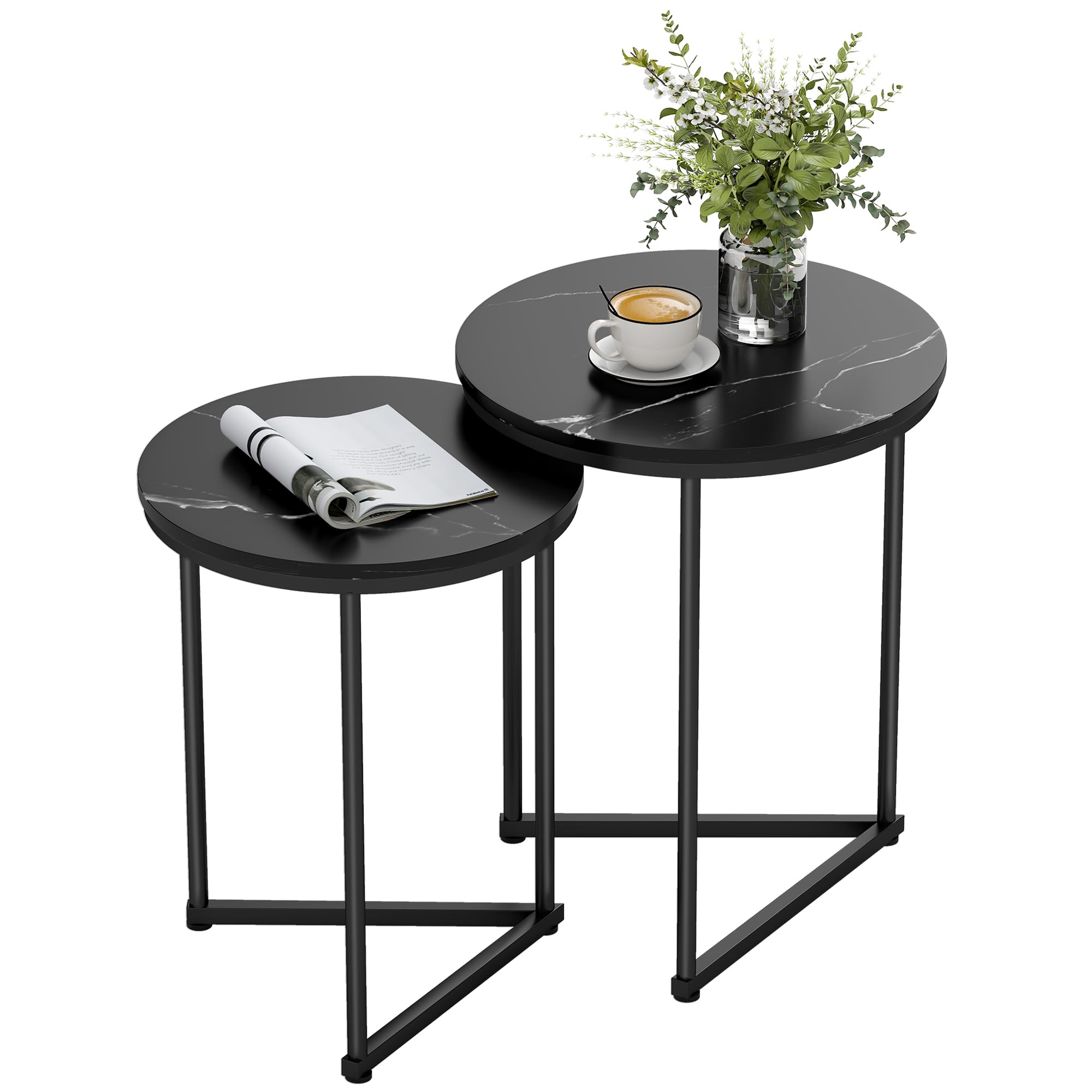 HOMCOM Nesting Coffee Table Set of 2, Modern Nest of Tables, Round Sofa Side Tables with Metal Frame for Living Room, Bedroom, Small Space, Black Marble Effect