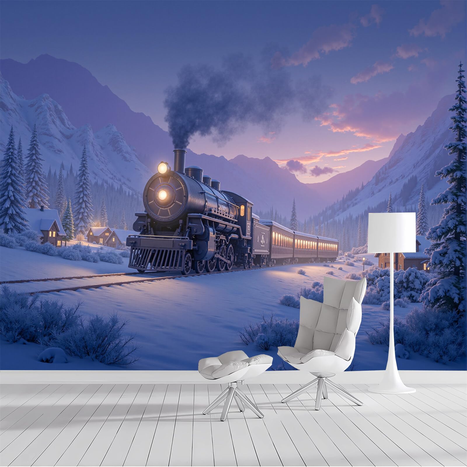 Papier Peint Photo Train à Vapeur Vintage Panoramique 3D Blanc 200X140Cm