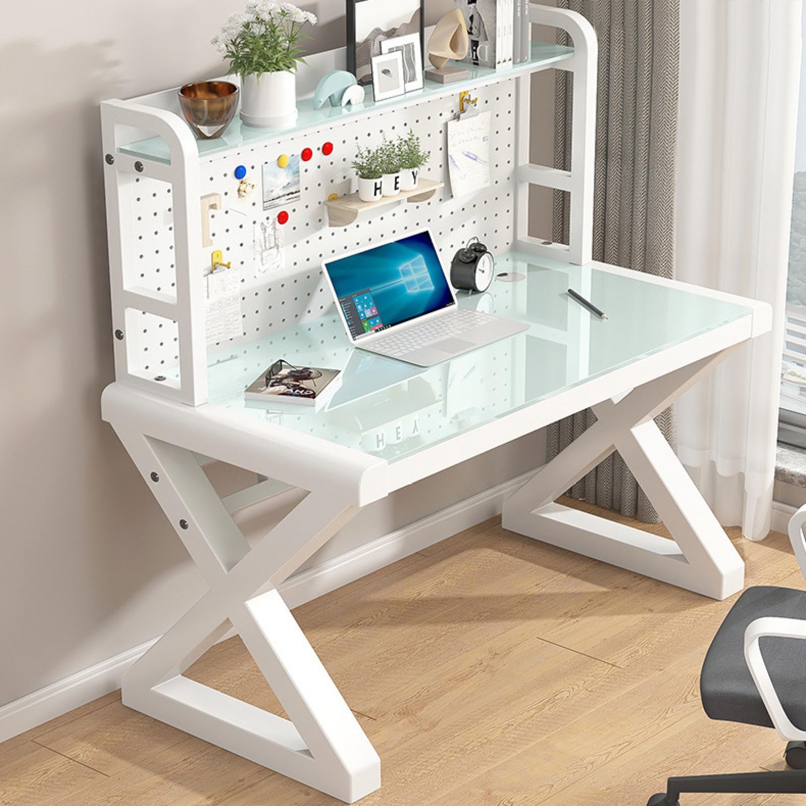 ASerZenith Tempered Glass Computer Desk, Home Office Writing Workstation With Pegboard And Storage Shelves, Large Study Table,White-100Cm