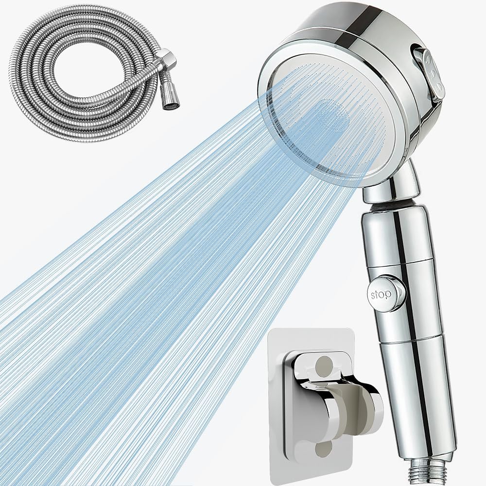 High Pressure Handheld Showerhead with ON/Off Switch Button, Water Pressure Increased Shower Head kit with Stainless Steel Hose.