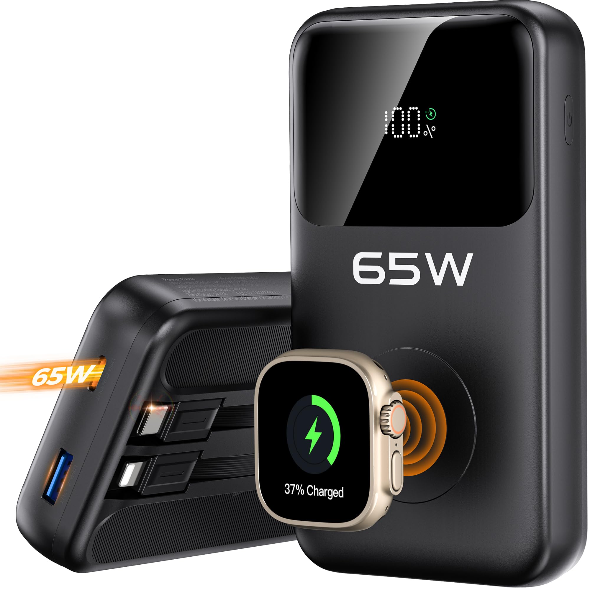 Magnetische Power Bank mit Ladekabel für MagSafe, 20000mAh 65W Schnellladung, Ladegerät für Apple Watch mit integrierten Kabeln, Reiseutensilien für MacBook, iPad, Tablet, iPhone 17/16/15, Galaxy S25