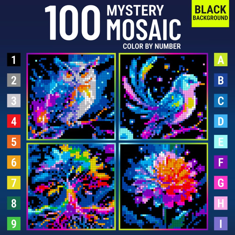 Mystery Mosaic Color by Number for Adults Colorful Quest: A Fun and Creative Coloring Book with Pixel Art Challenges to Reveal Hidden Images for Relaxation (Neon Art Collection)