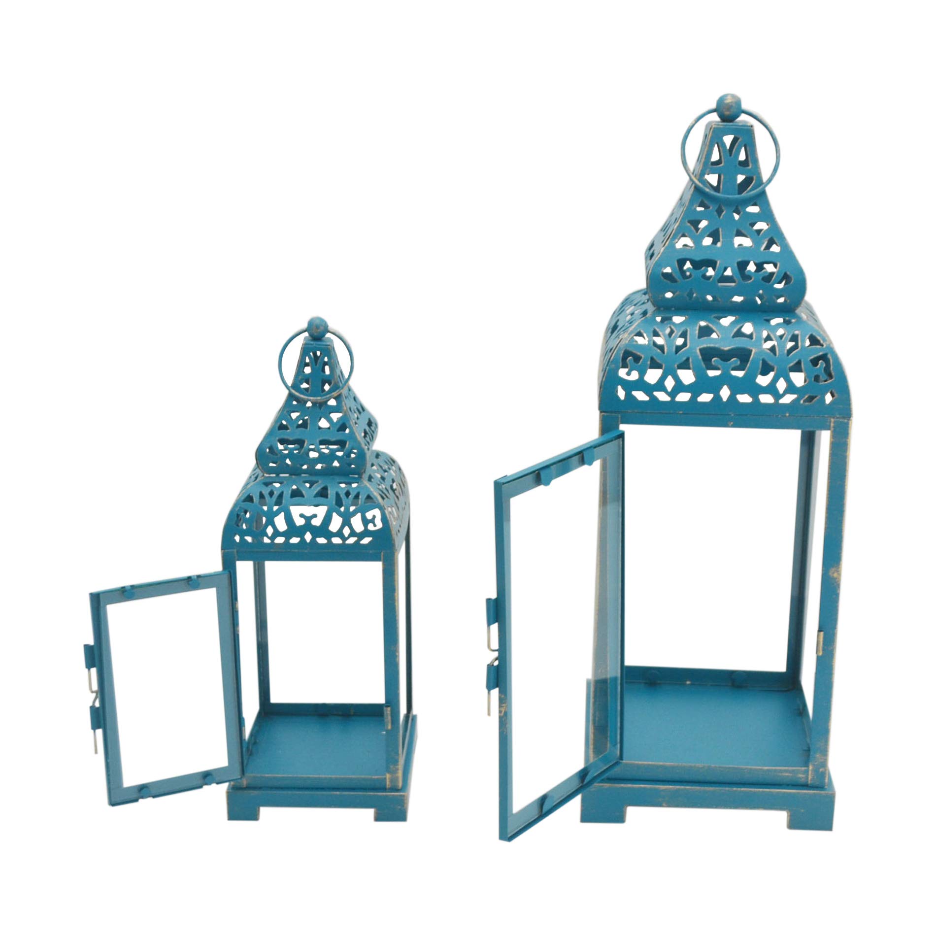 Rebecca Mobili Linternas Portavelas Decorativas Étnicas, Metálico PVC, Oro Azul, para Eventos Bodas Mobiliario del Hogar - Medidas: 39 x 14,5 x 14,5 cm - Art. RE6549